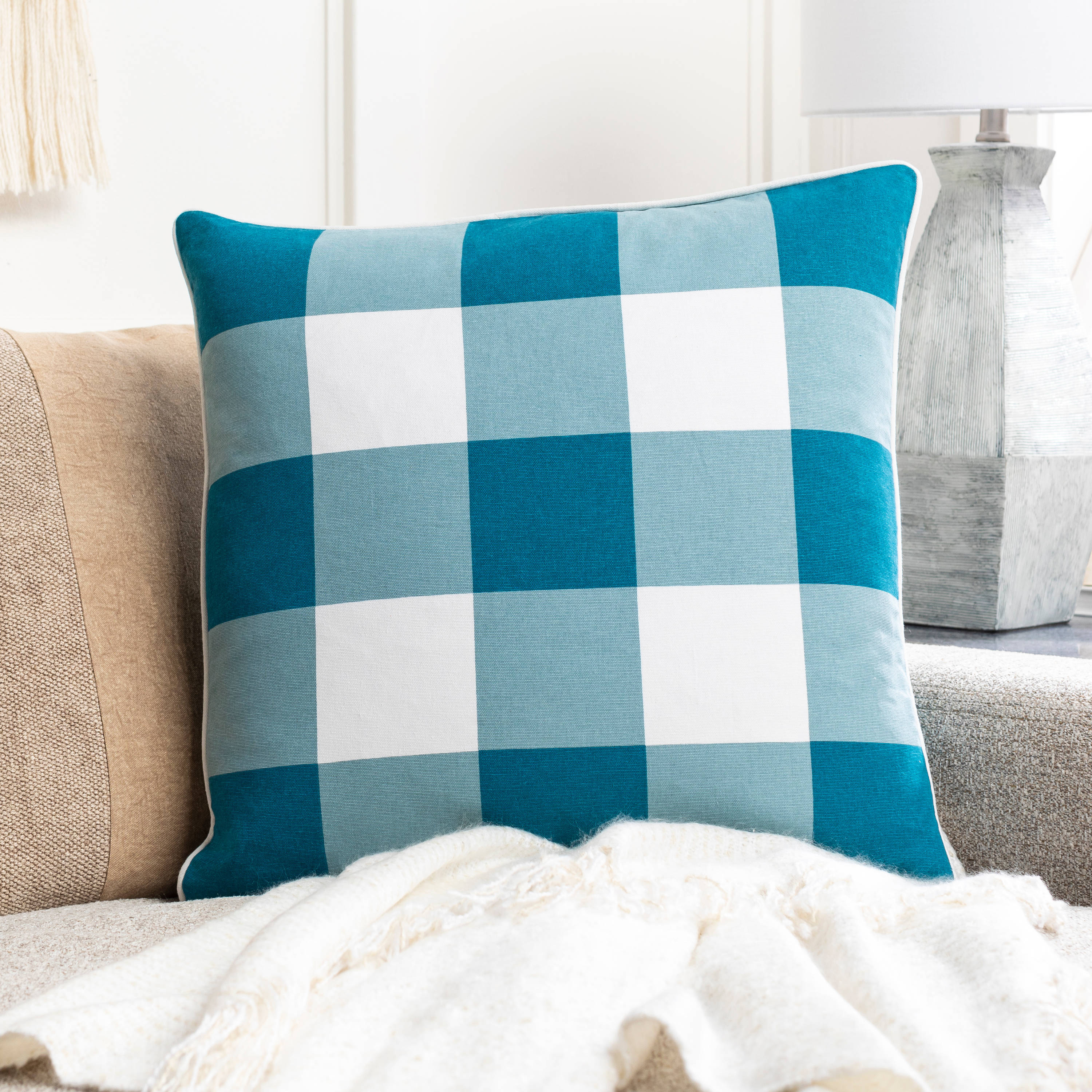 Buffalo Plaid Aqua Cotton Down Square Pillow 20"