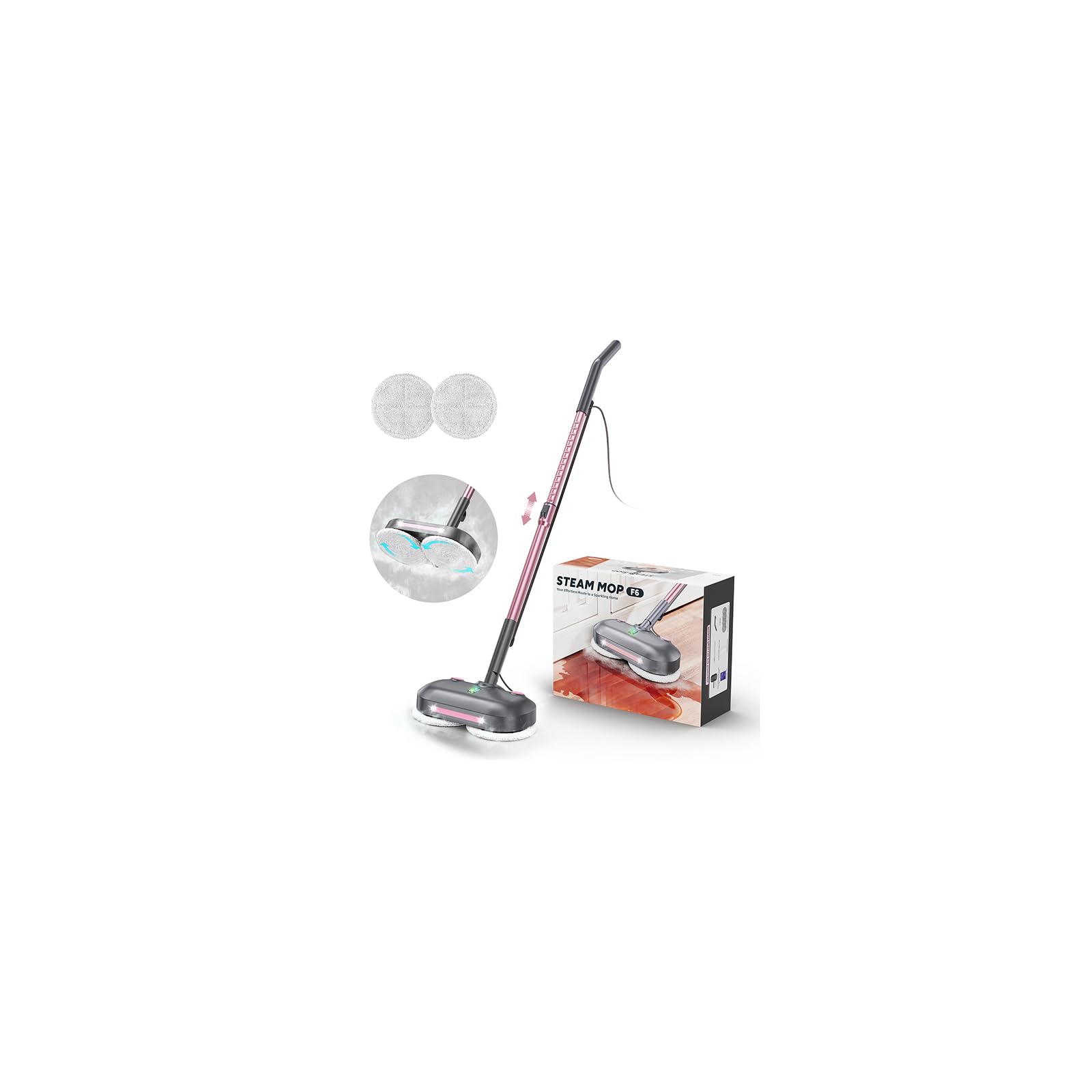 Afoxsos Scrubbing Steam Mop with Rotating Pads Large Tank Long Cord LED Lights Reusable Pads Self Standing for Hard Floor Laminate Marble #LAF0824F0552