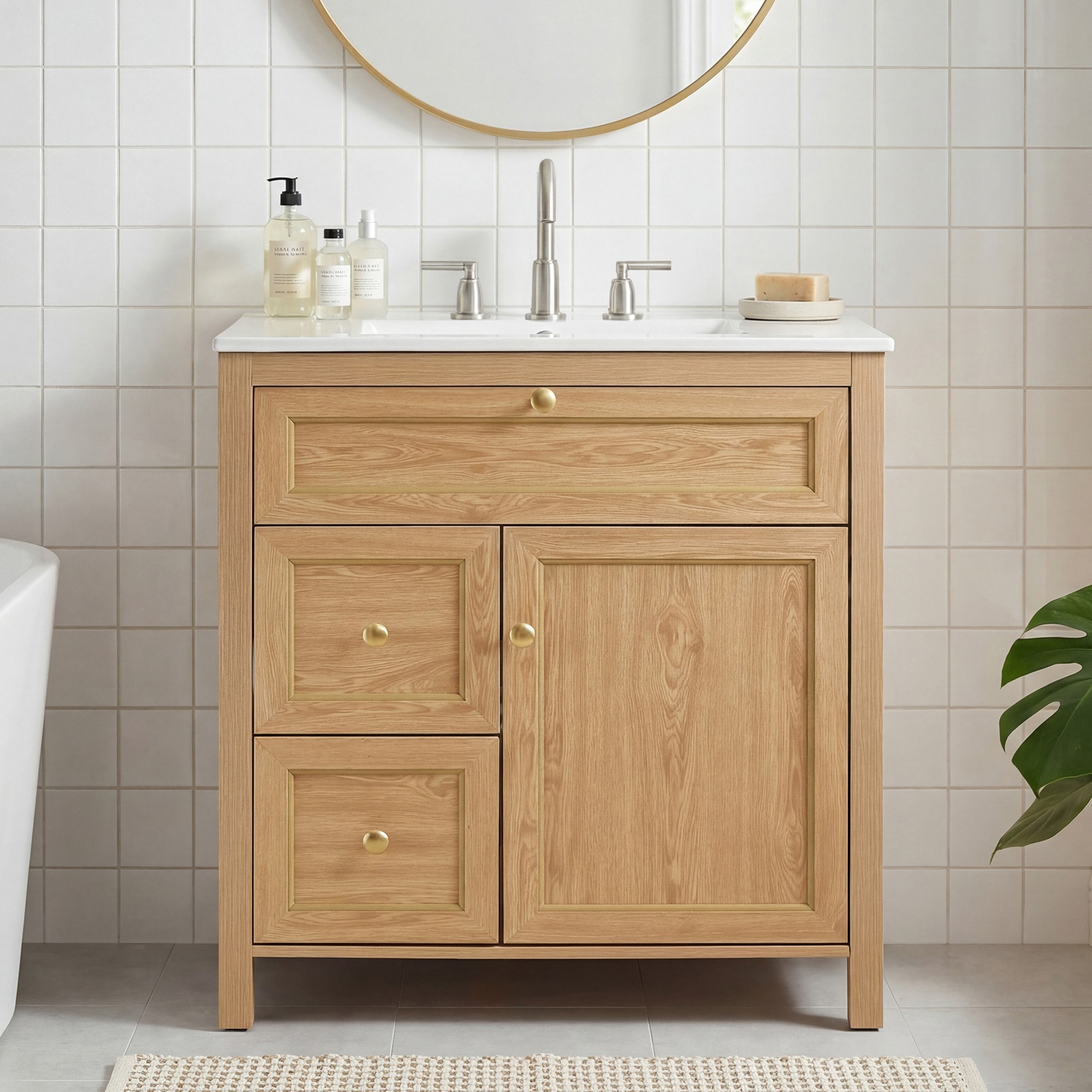 Dexmalle 30-in Brown Traditional Freestanding Single Sink Bathroom Vanity with White Ceramic Top and Two Drawer