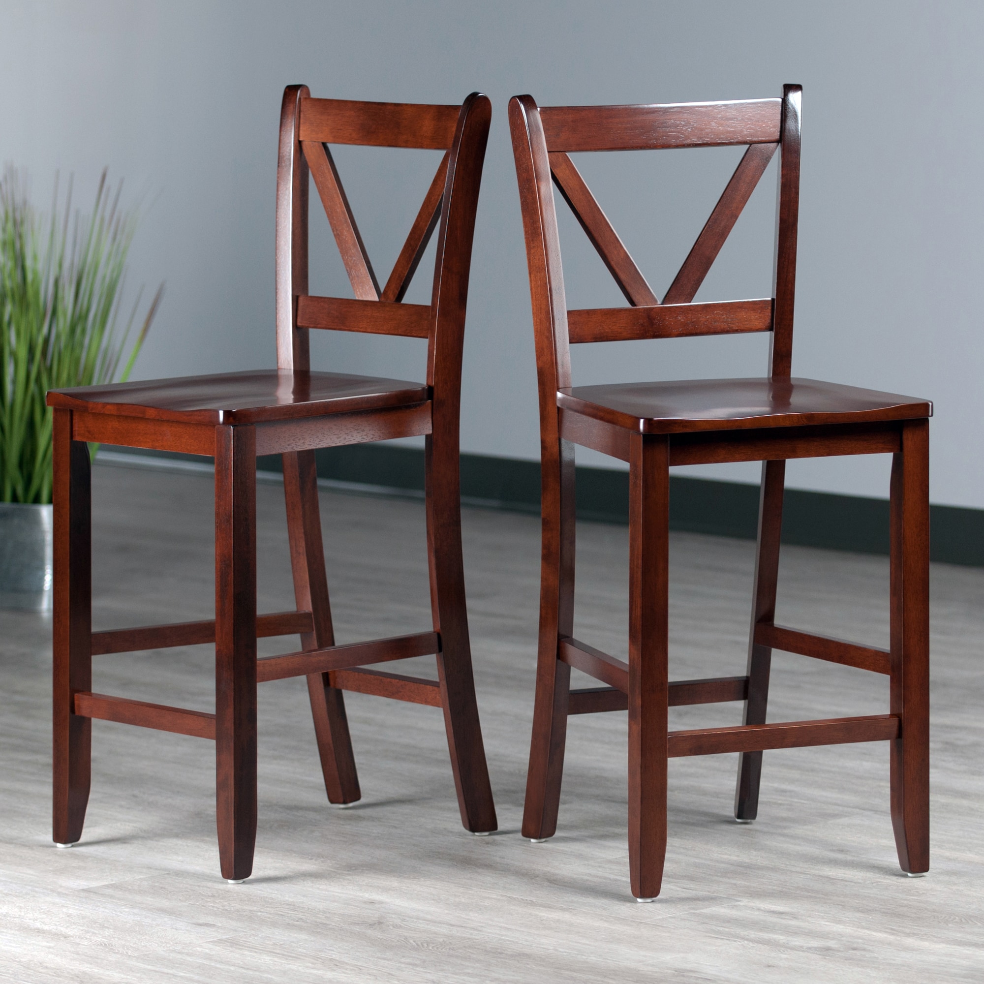 Winsome Walnut Mid-Century Modern V-Back Counter Stools, Set of 2