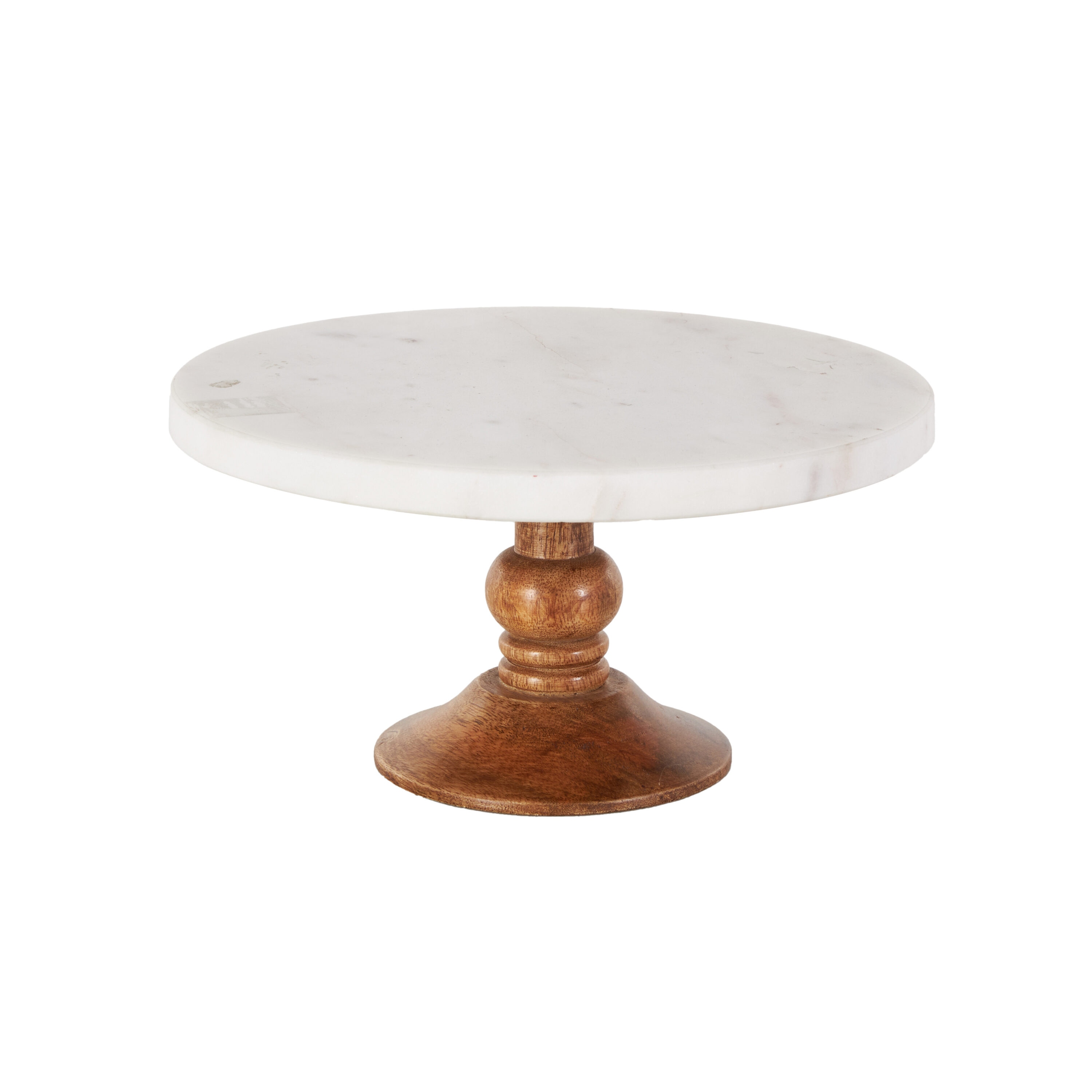 White Marble and Brown Wood Cake Stand, 10" x 5"