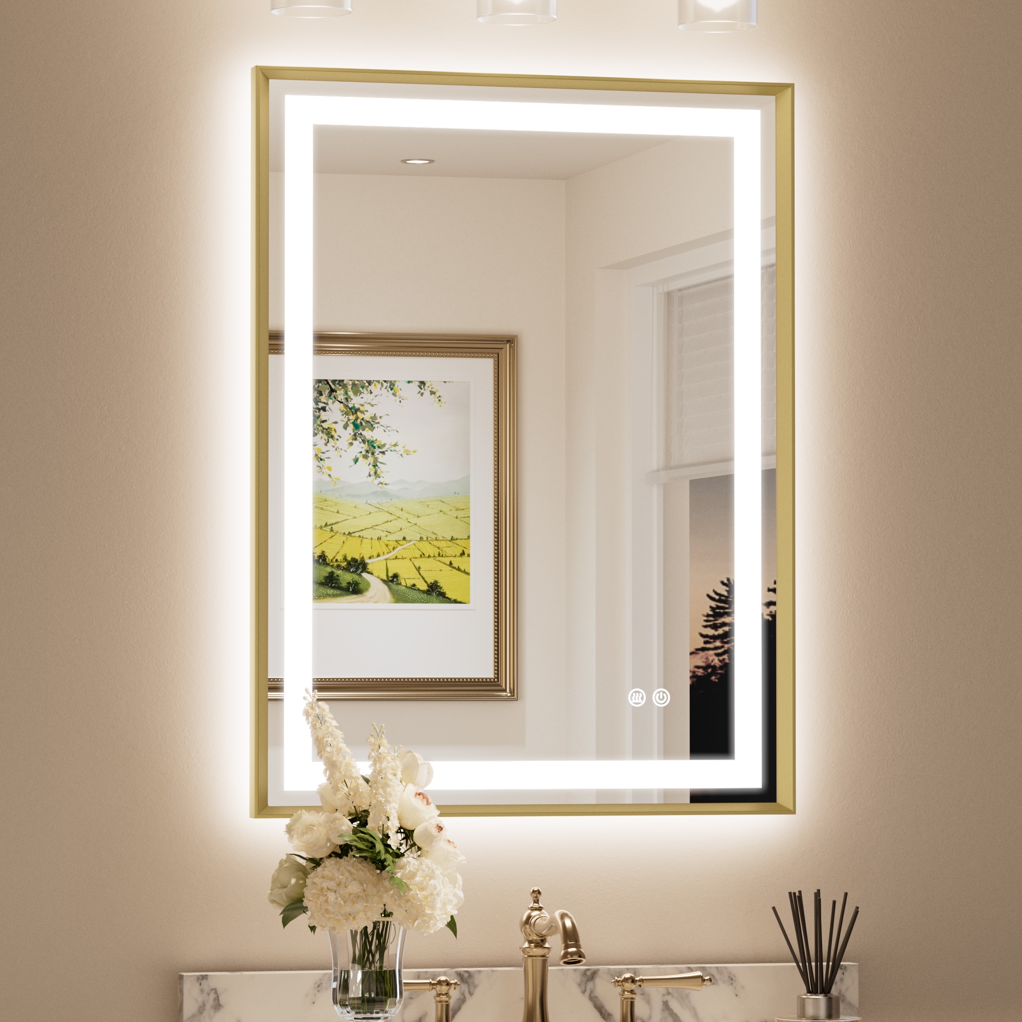 Keonjinn LW-BM66-6181-GD Bathroom LED Mirror With Framed 24-in x 32-in Beveled Rectangle Dimmable LED Lighted Fog Free Bathroom Vanity Mirror ( Brushed Gold )