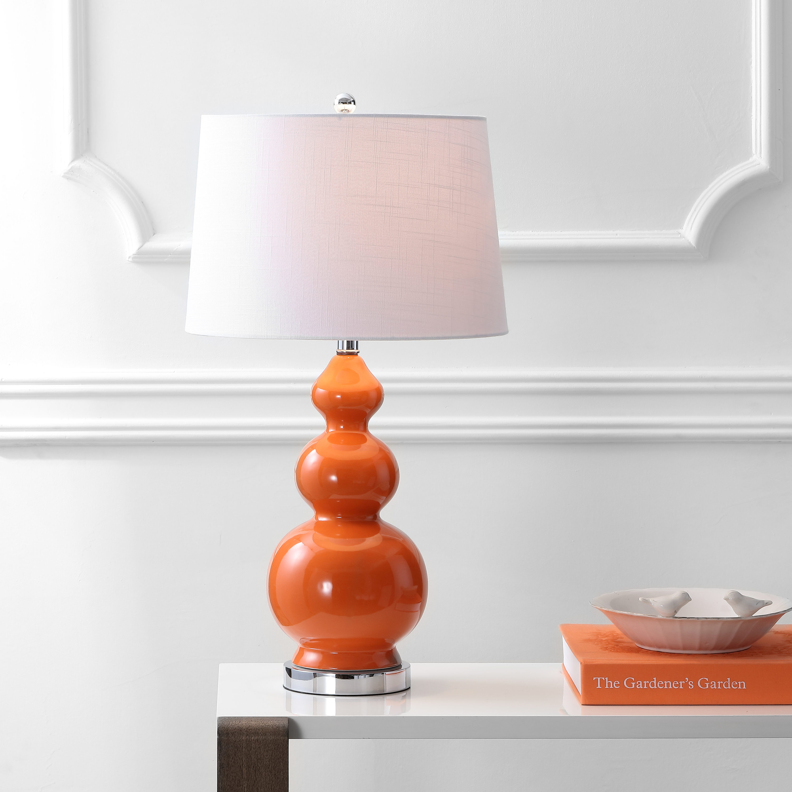 JONATHAN  Y JYL4023A Bowen Ceramic Transitional 27.5-in Chrome LED Incandescent Rotary socket Table Lamp with Linen Shade