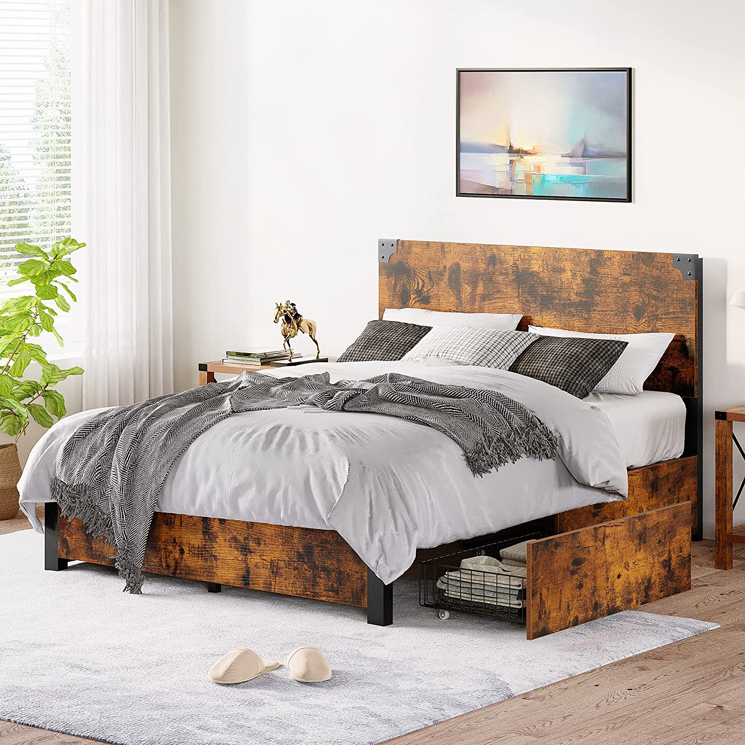 Garvee PHO-0V1QTVDZ Rustic Brown Full Wood and metal Platform Bed with Storage