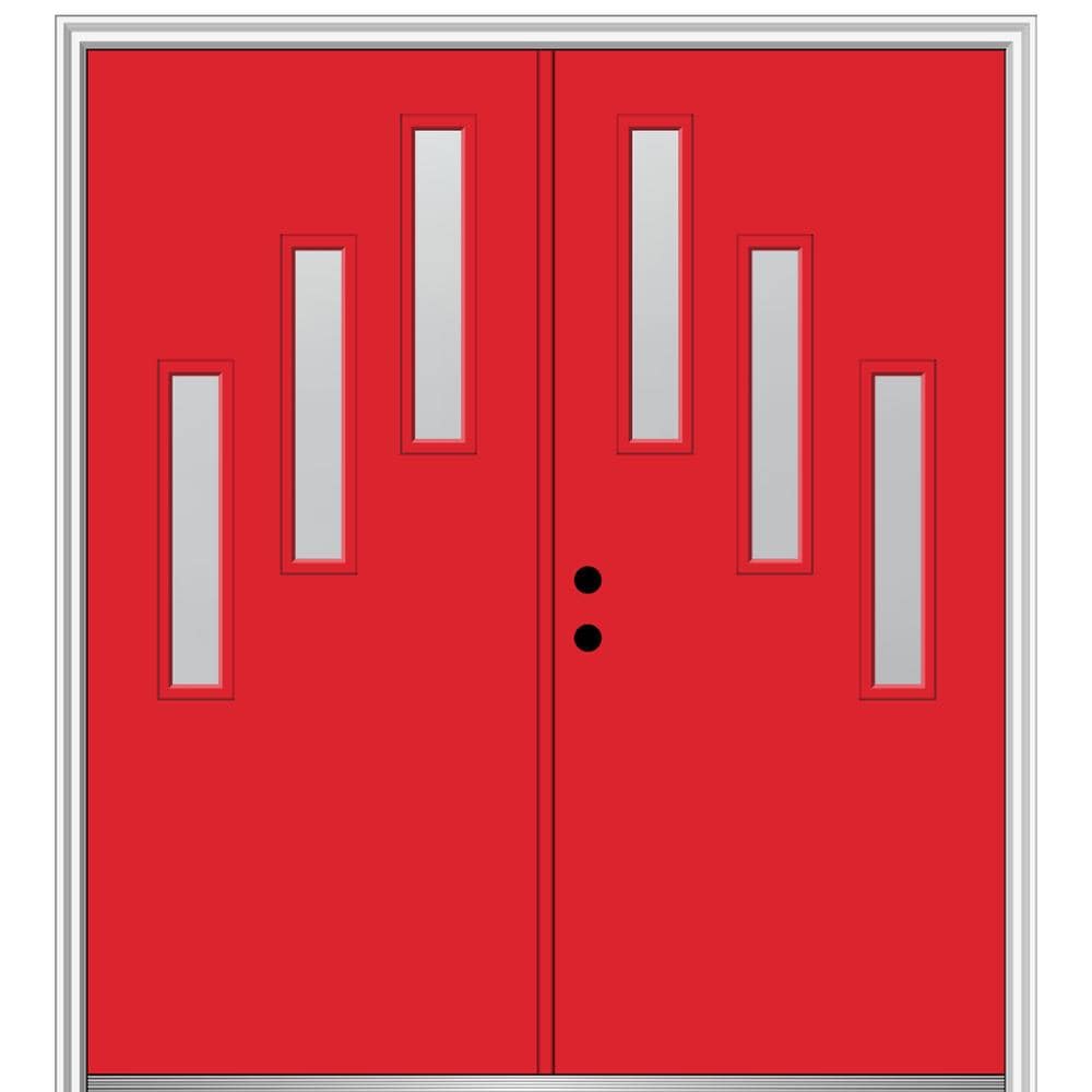 MMI DOOR ZZ350807R Spotlights 60-in x 80-in x 6-9/16-in Fiberglass Pulse lite Right-hand inswing Red Saffron Painted Prehung Double Front Door with Brickmould Insulating core