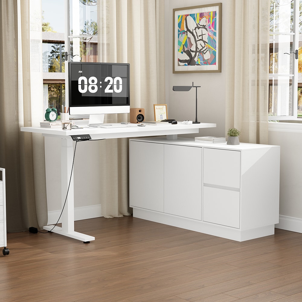 Homsee L Shaped 54.3 in Wide White Adjustable Height Desk Ergonomic Home Office Workstation with Pop Up Storage Cabinet and Drawers