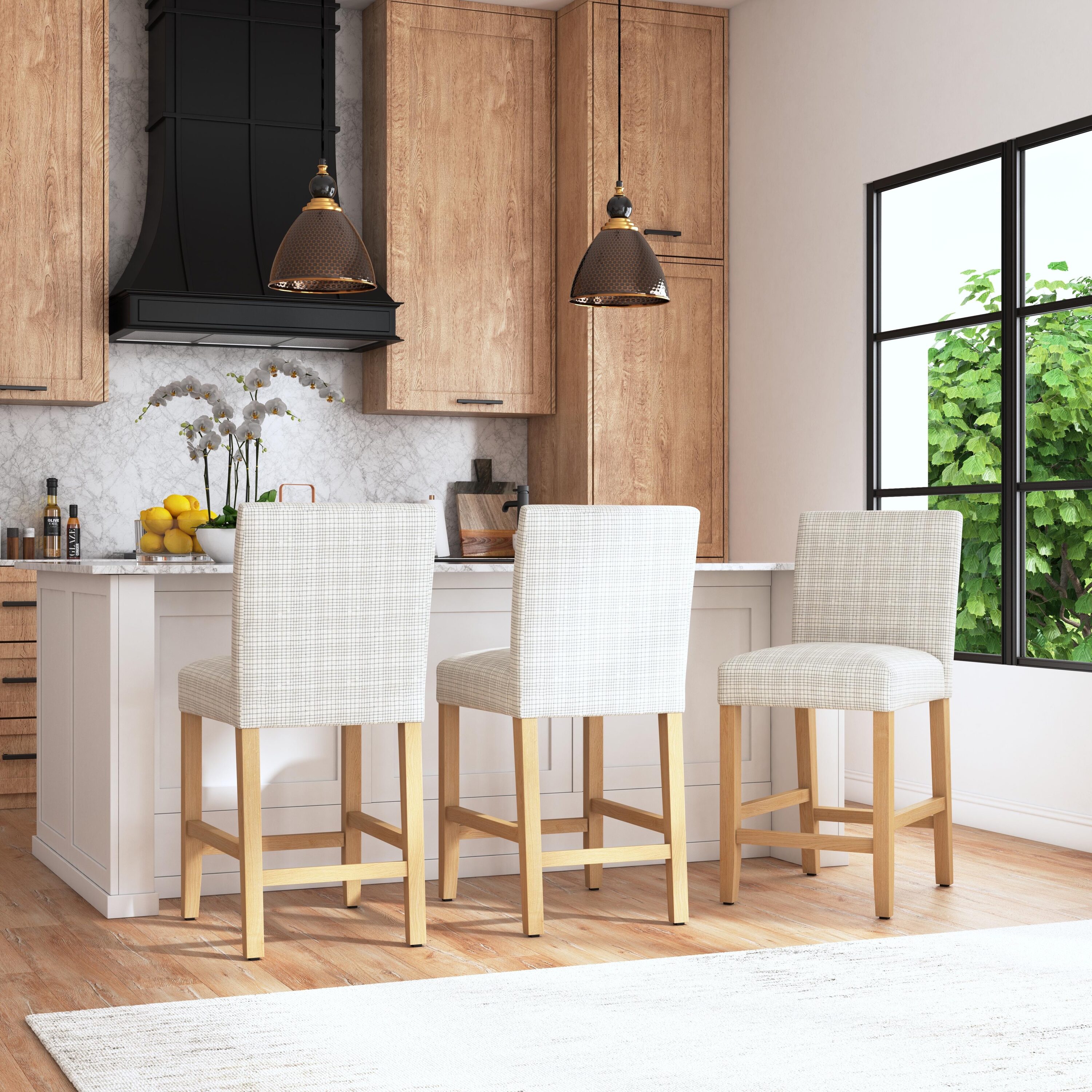 HomePop K8680.24-F2426 1 Barstool Cream Mini Grid Woven 25.2-in H Counter height Square seat Upholstered Wood Bar Stool and Back