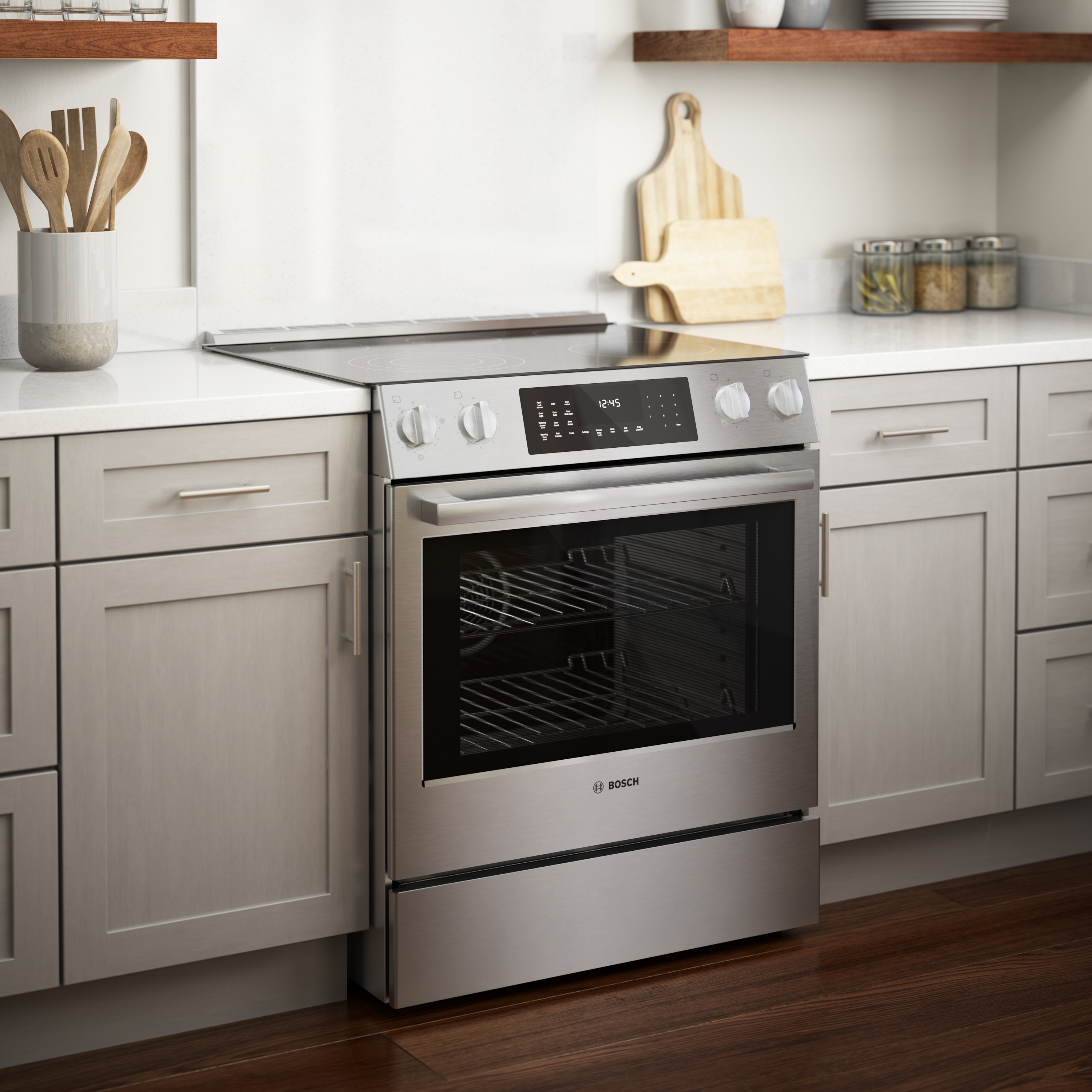 Bosch Benchmark 30-in Smooth Surface 5 Elements 4.6-cu ft Self-Cleaning Convection Oven Slide-in Electric Range (Stainless Steel) in the Single Oven Electric Ranges department Lowes.com