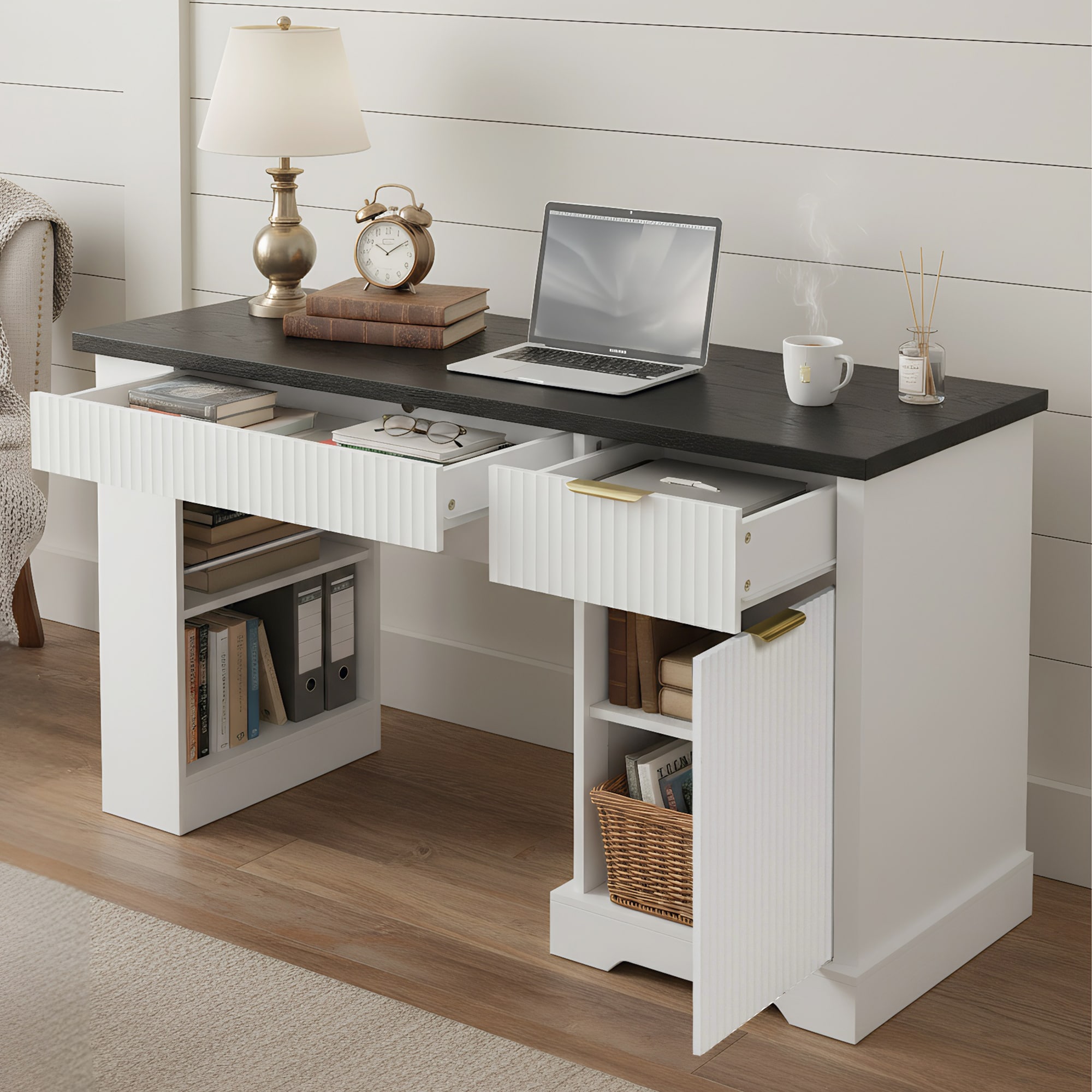 Boyel Living 55 Inch Fluted Office Desk with Storage Cabinet Drawers and Power Outlet White
