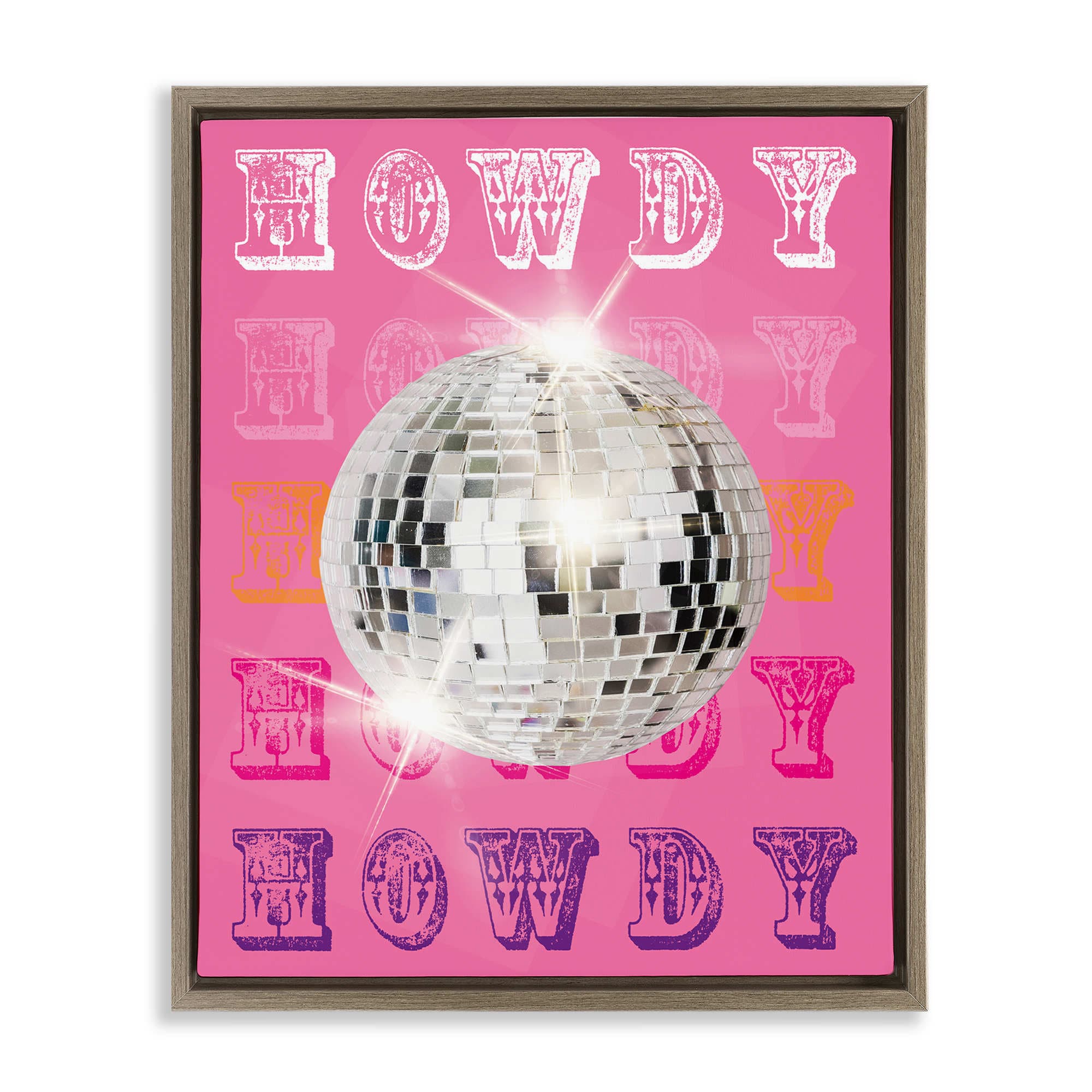 Stupell Industries BS-190-FFE-16X20 Howdy Retro Disco Ball Brown Framed Floater Canvas Wall Art By Susan Arnot 17 x 21