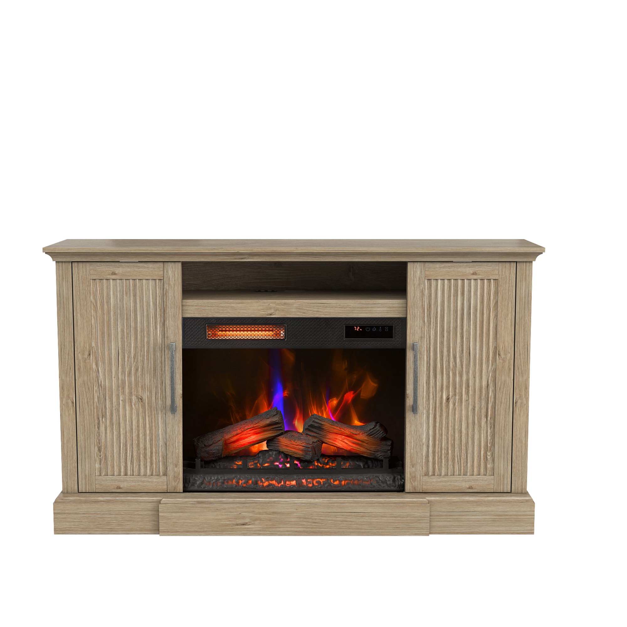 62-in W Natural Oak TV Stand with Infrared Quartz Electric Fireplace in Brown | - allen + roth 8000814