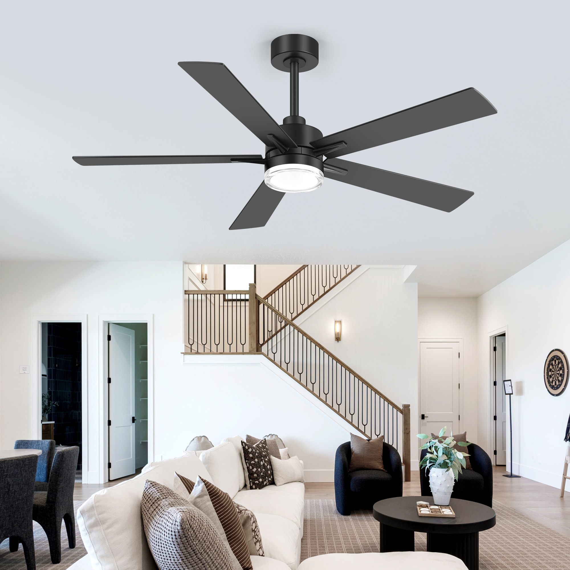 Breezary 35024-BK Double-layered Acrylic 52-in Color-Changing Integrated LED Matte Black with Black and Wood Grain Blades Chandelier Ceiling Fan With Light 5 -Blade )