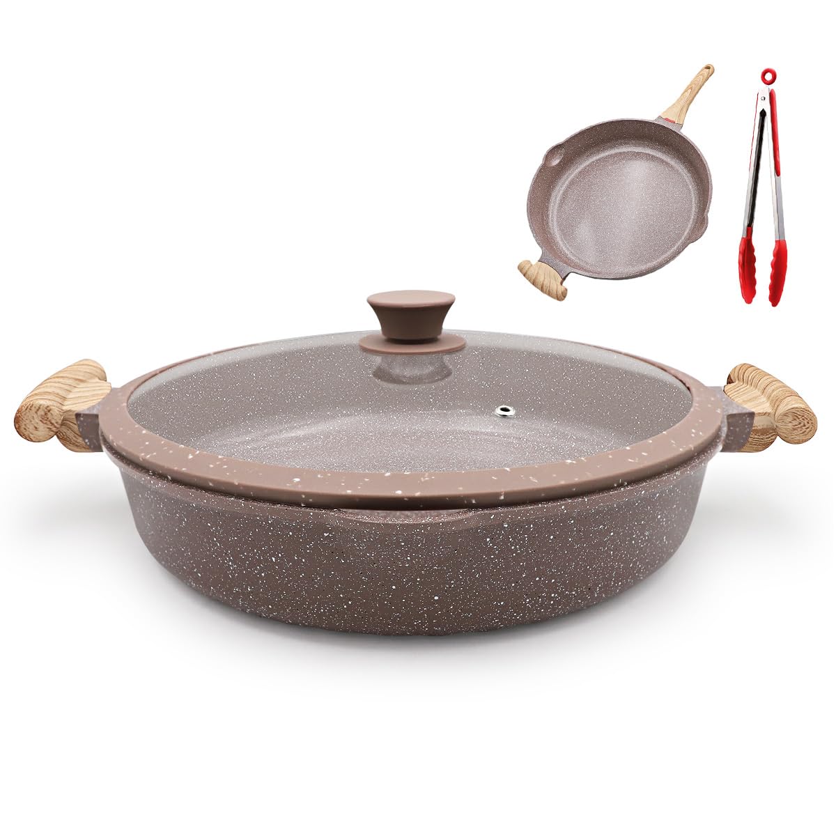 Aoibox  Ceramic Nonstick 2 in 1 Deep Frying Pan Skillet 12 5 in with Detachable Handle and Glass Lid Brown