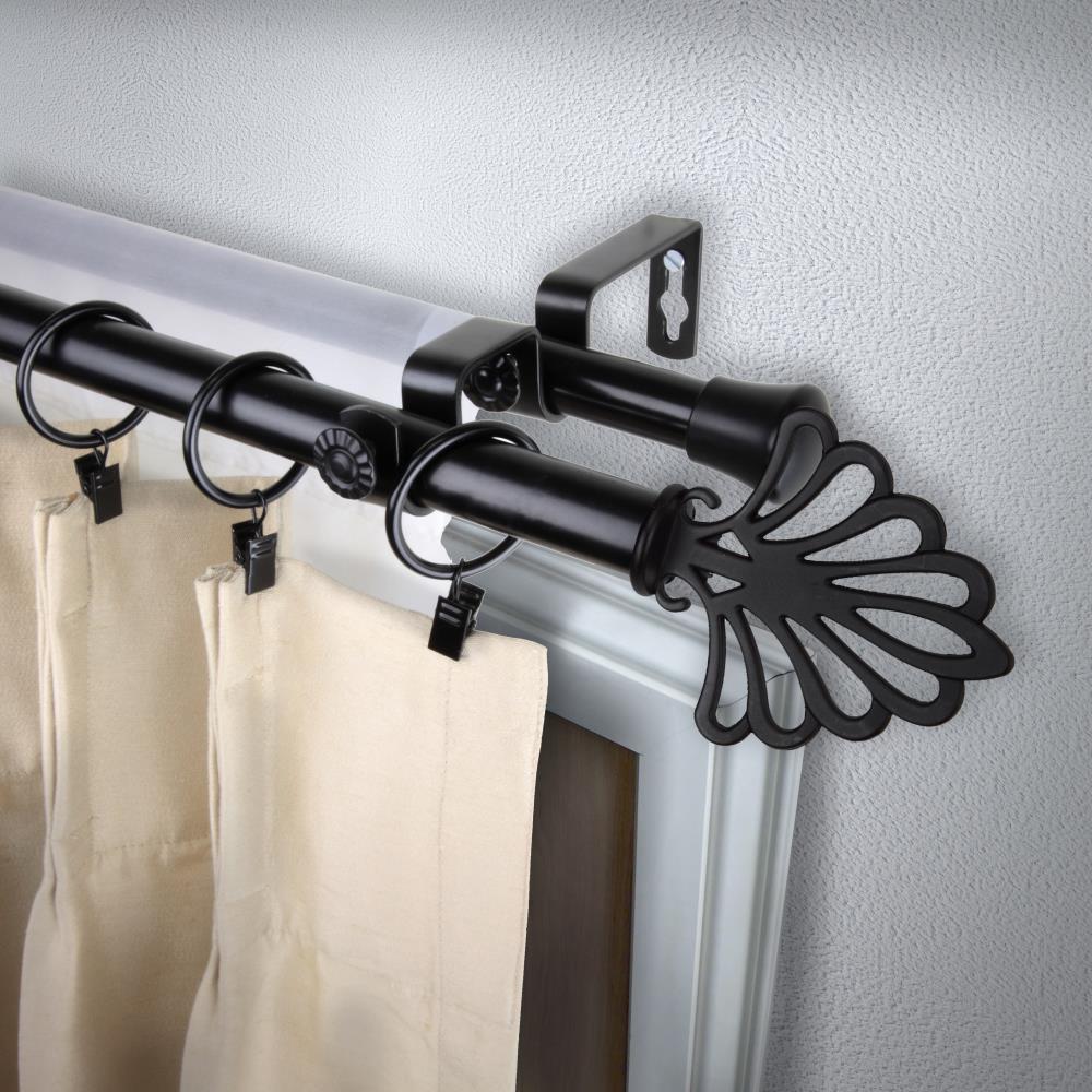 Rod Desyne 4721-482 13/16-in Fan 48-in to 84-in Black Steel Double curtain rod with Finials