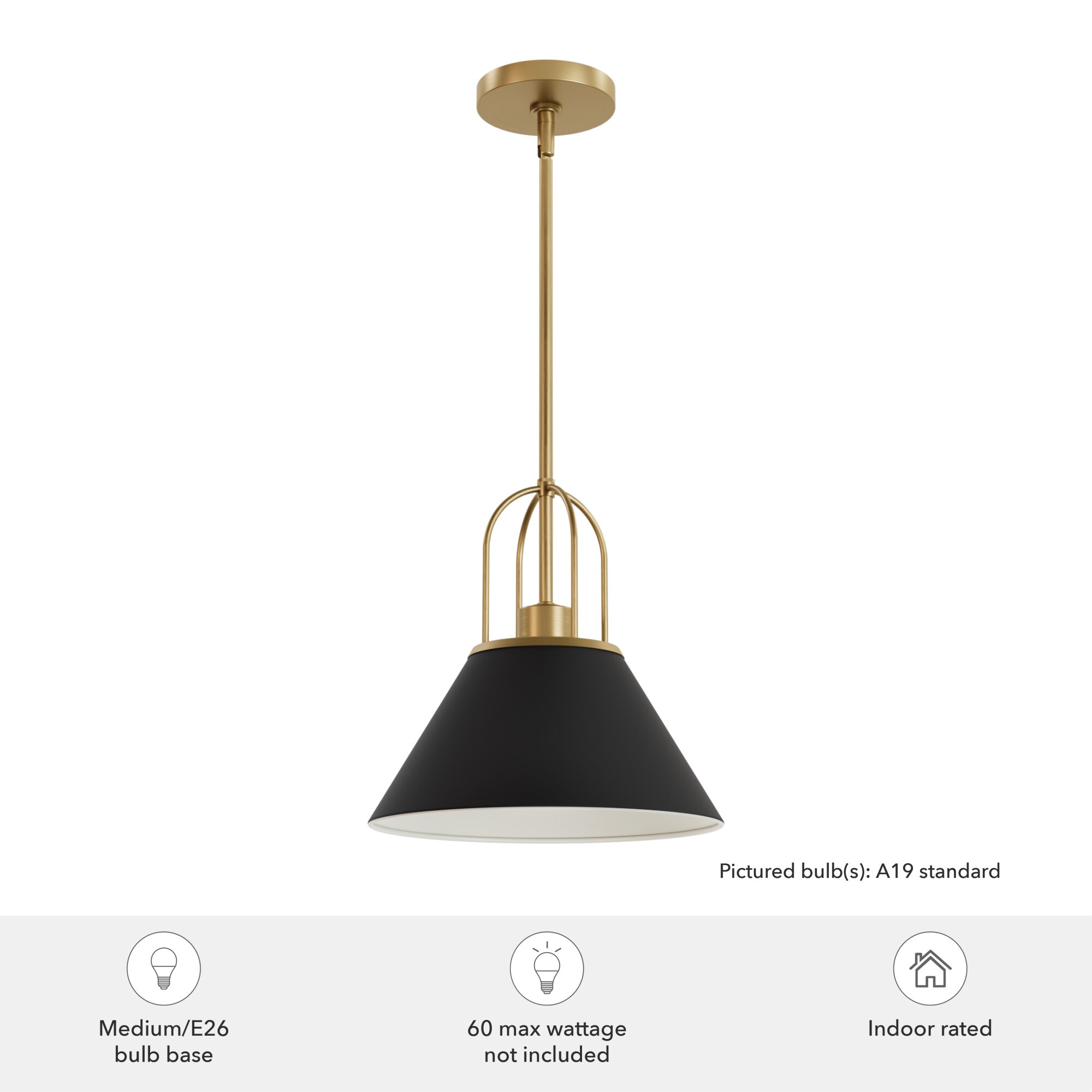 12" Matte Black and Gold Cone Pendant Light