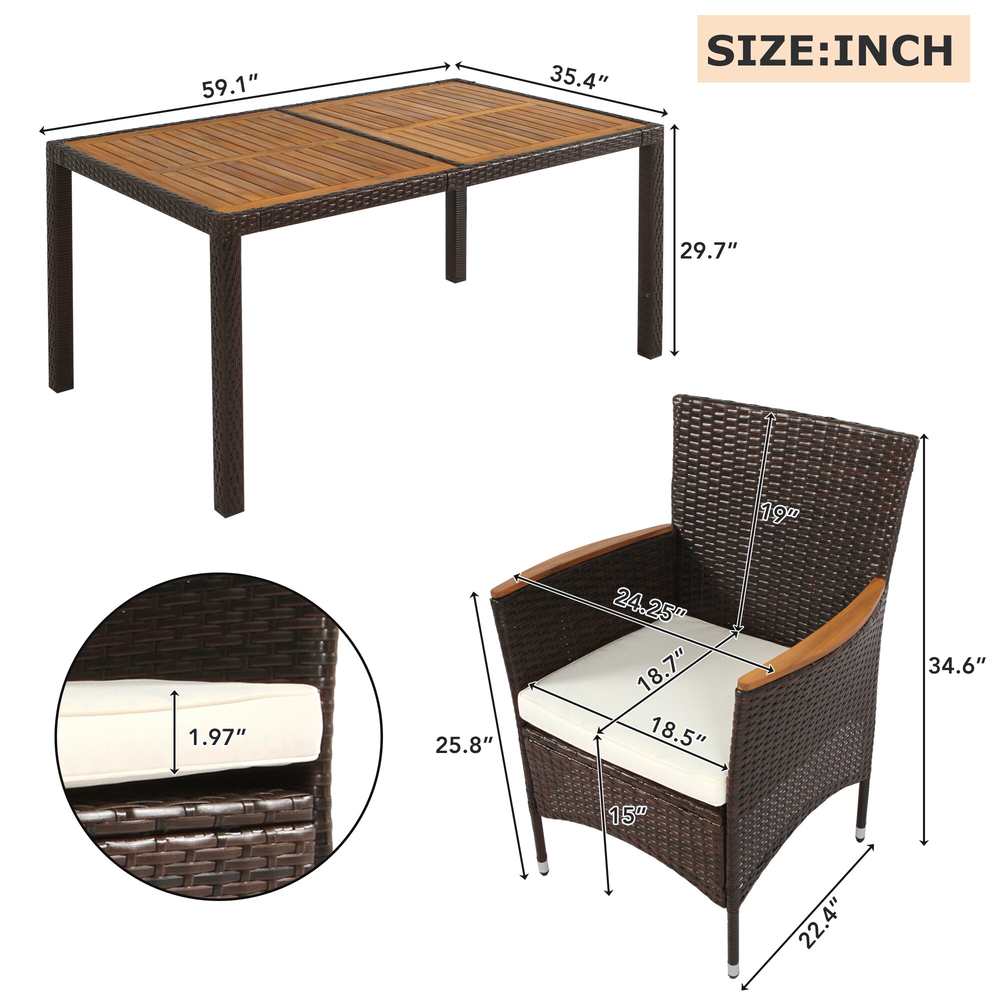 Brown Acacia Wood and Wicker Patio Dining Set with Cushions