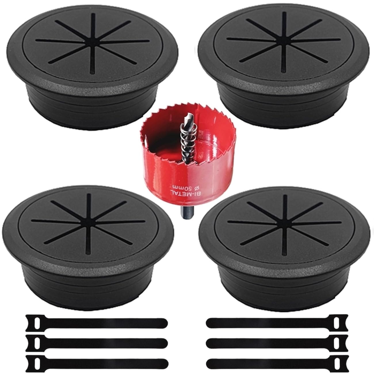 Aoibox  4 Pack 2 in Desk Cable Grommet Kit with 50 mm Hole Cover Hole Saw Drill Attachment and 6 Cable Ties