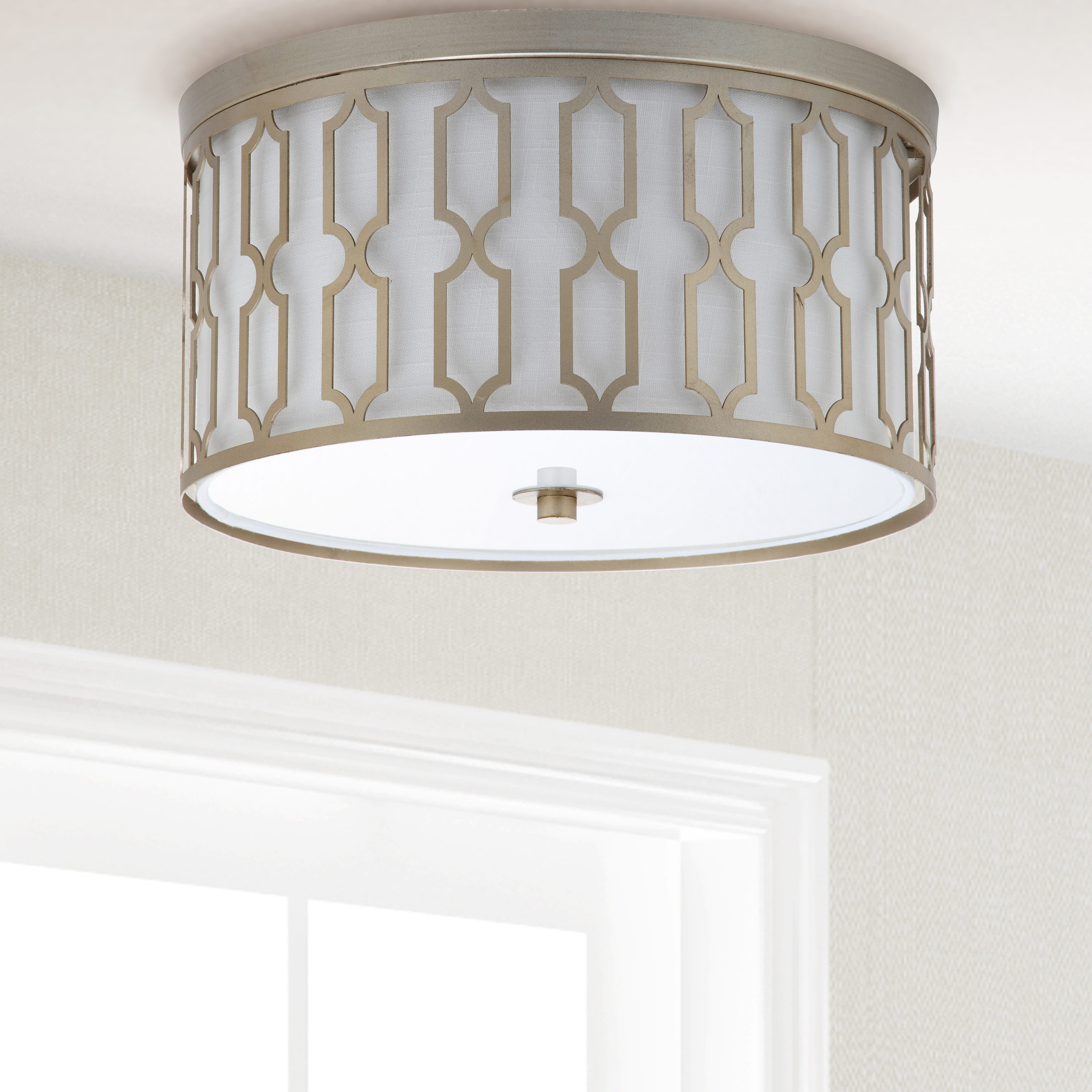 Soft Gold Geometric 3-Light LED Flush Mount with White Linen Shade