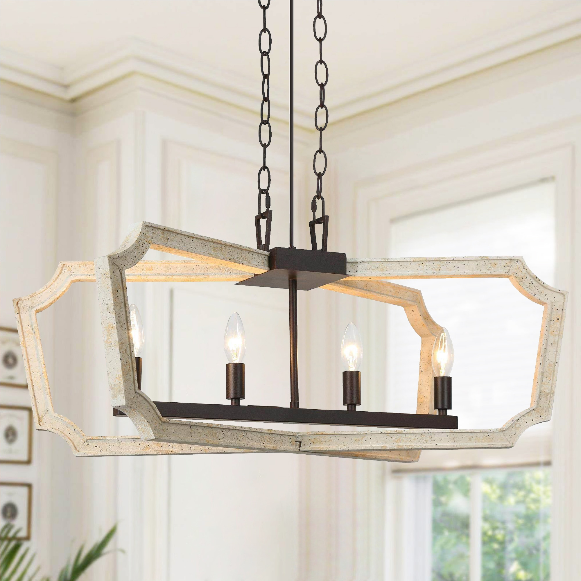 LNC 7V3UZJLWS4597Y7 Creamy 4 -Light Distressed Black and Off-white Wood Farmhouse Linear Large Hanging Kitchen island light