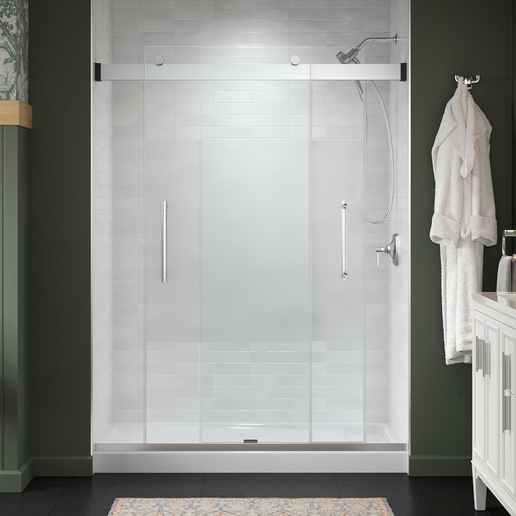 KOHLER 702474-8G81-SHP Premise Bright Polished Silver 56-in to 60-in W x 75.75-in H Frameless Bypass Sliding Soft Close Shower Door 5/16-in Thick Clear Glass