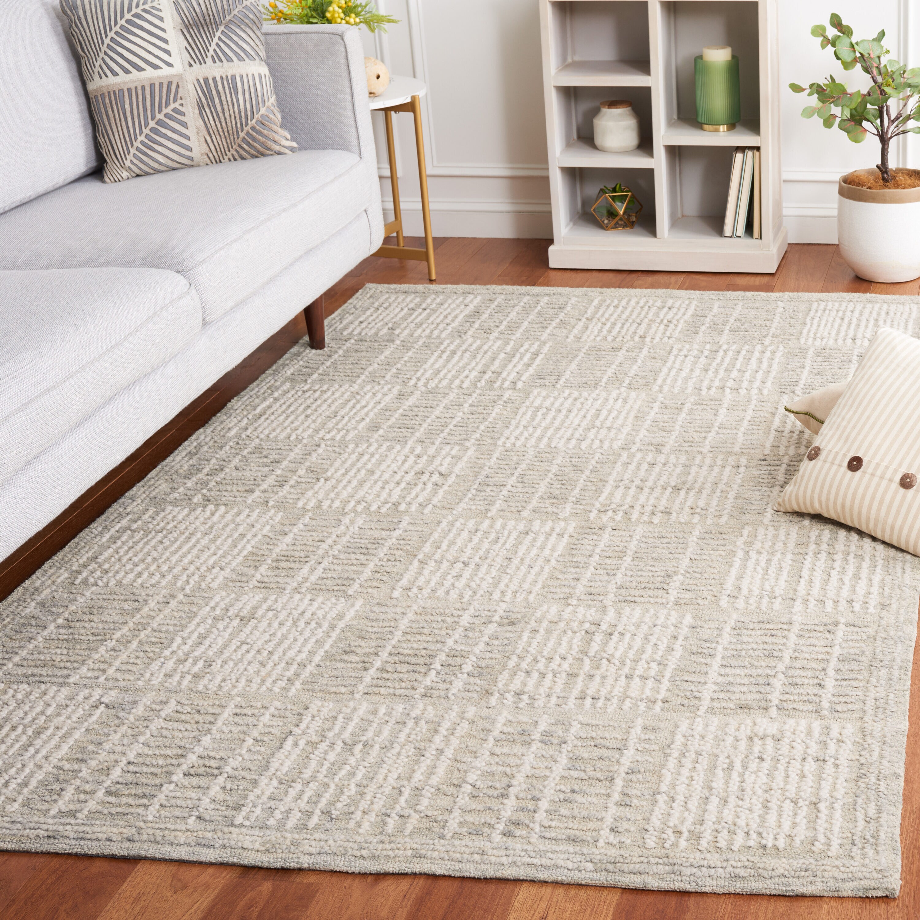 Abstract 8 x 10 (ft) Tufted Wool Gray/Ivory Rectangular Indoor Geometric Mid-Century Modern Professionally Clean Only Area rug