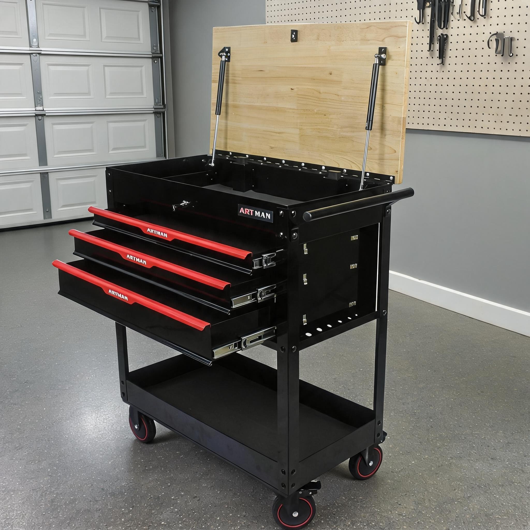Watnature  31.88-inch 3-drawer industrial rolling tool cart jet black and red with wooden top and wheels