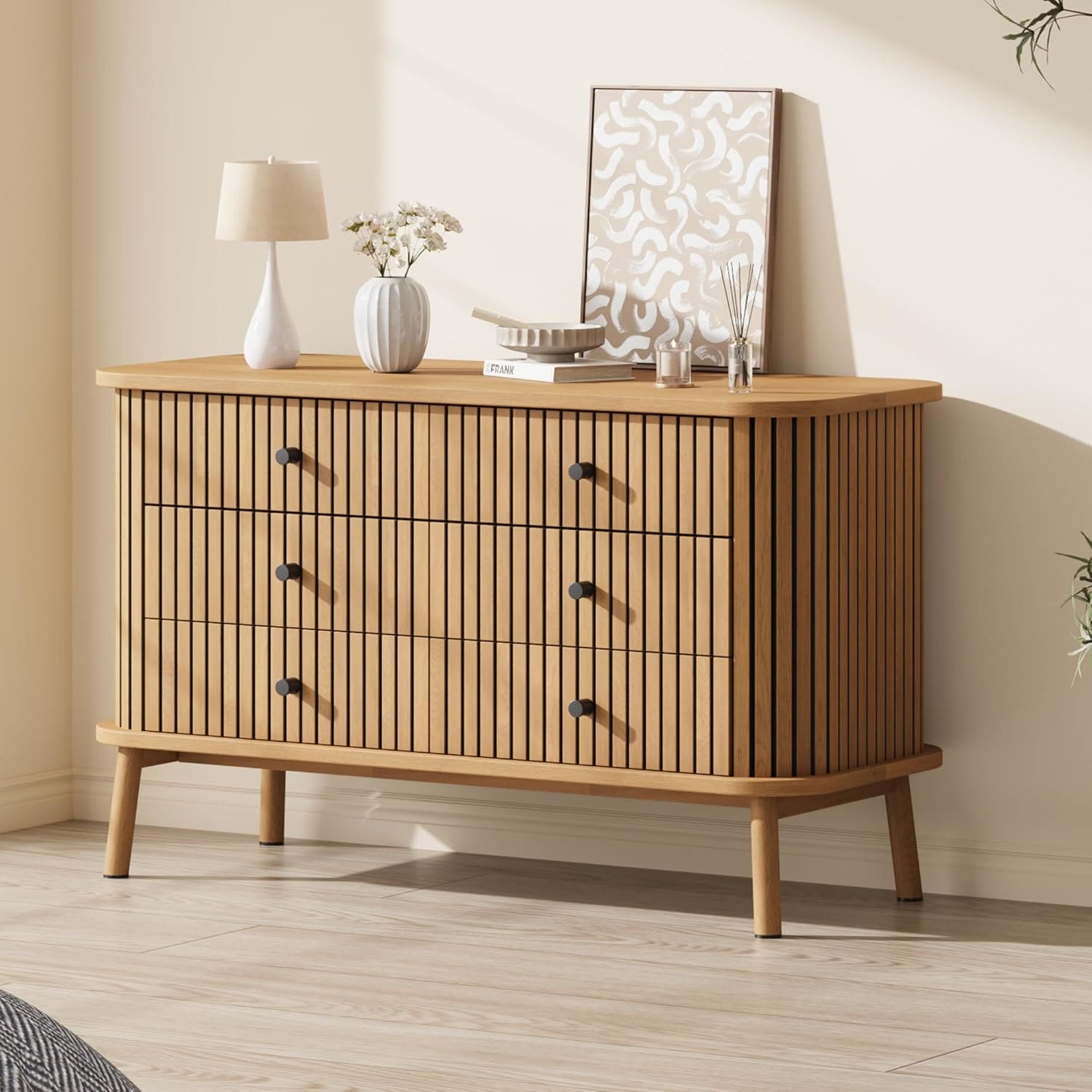 Qeetex D23PHO14N3ZH6B 6 Drawer Horizontal Dresser with Imitation Bamboo Surface Lacquered Finish and Large Storage  Natural
