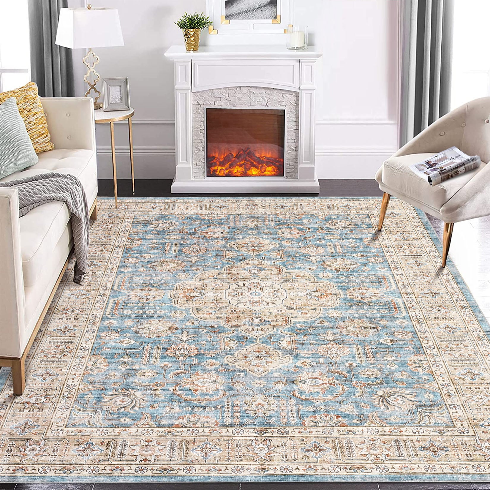 Garvee YXY-LO-PHO-11QD6QSX 8 x 10 (ft) Polyester Blue Rectangular Indoor Distressed/Overdyed Vintage Machine washable Area rug