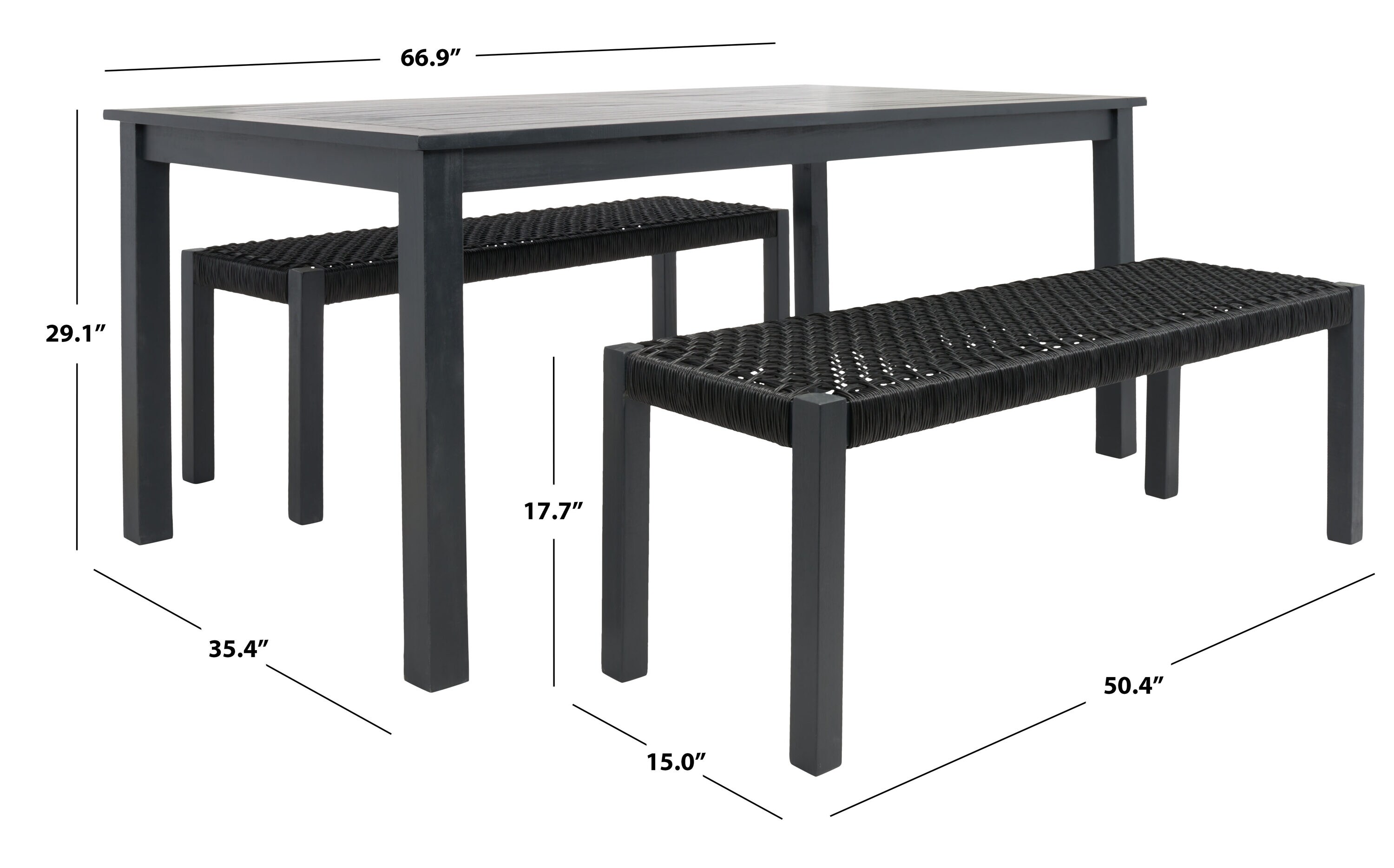 Aquina Black Acacia Wood Dining Set with Woven Rattan Benches