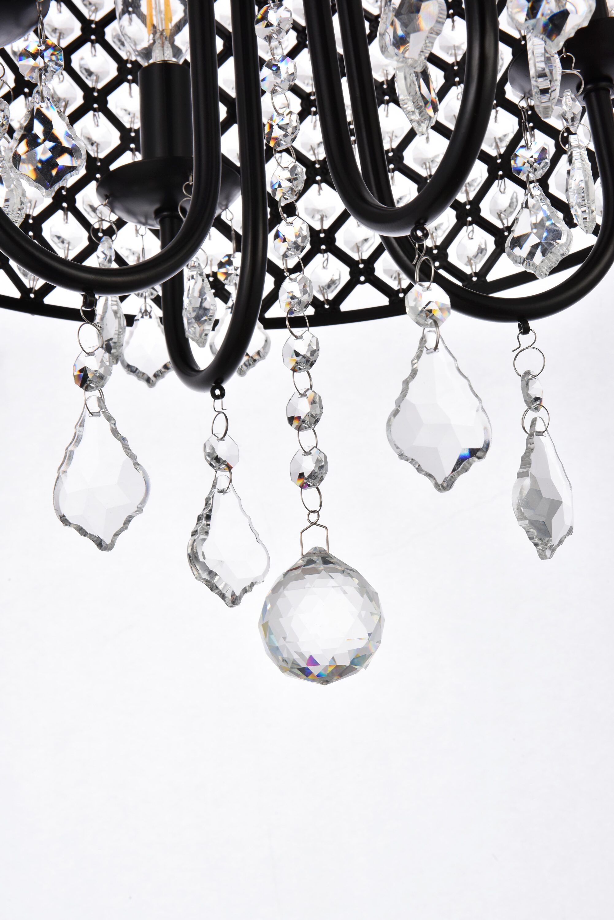 Elegant Crystal and Iron Black Drum Pendant with Lattice Shade