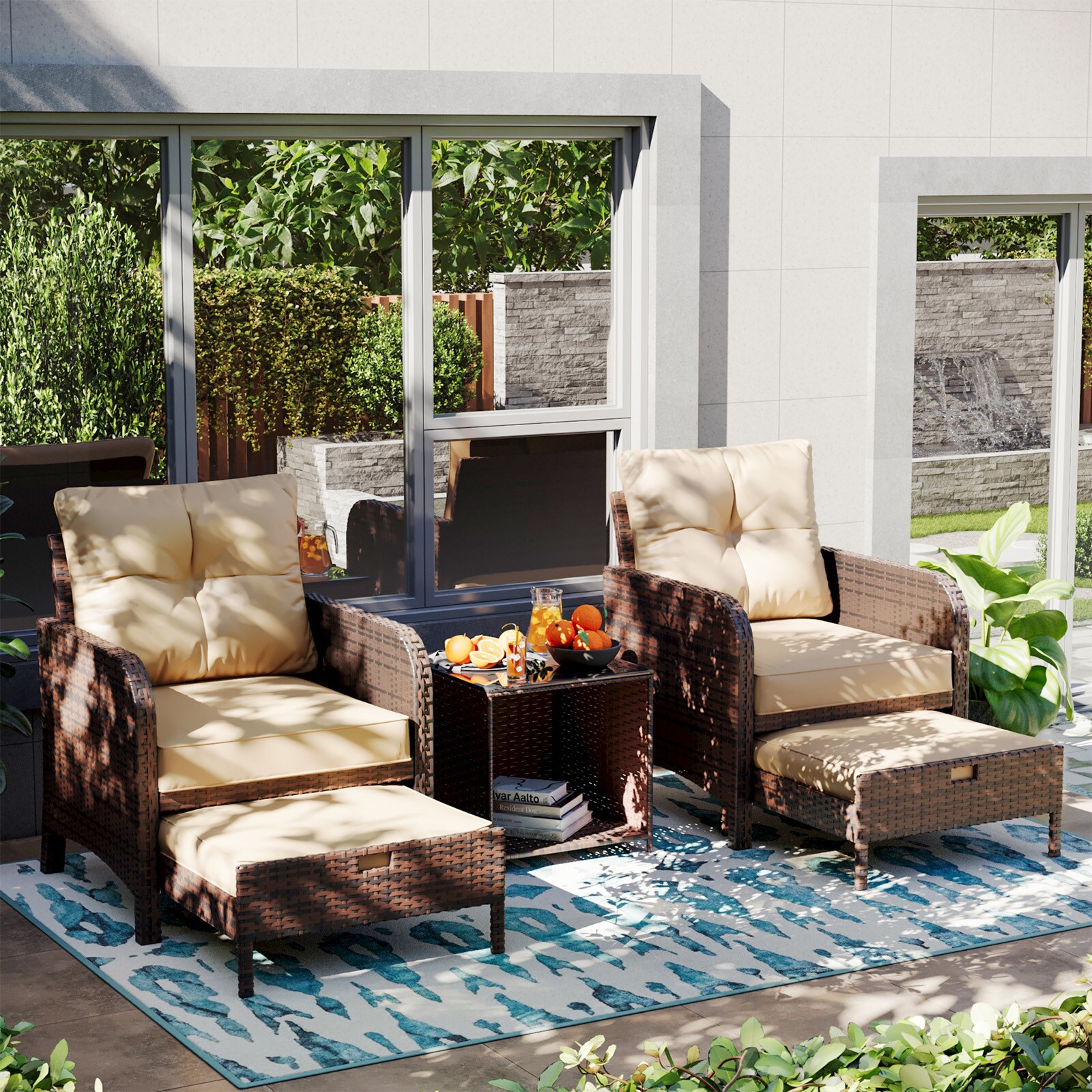 Patio Watcher RT-X5-B1-2 5 -Piece Rattan Patio Conversation Set with Tan Cushions