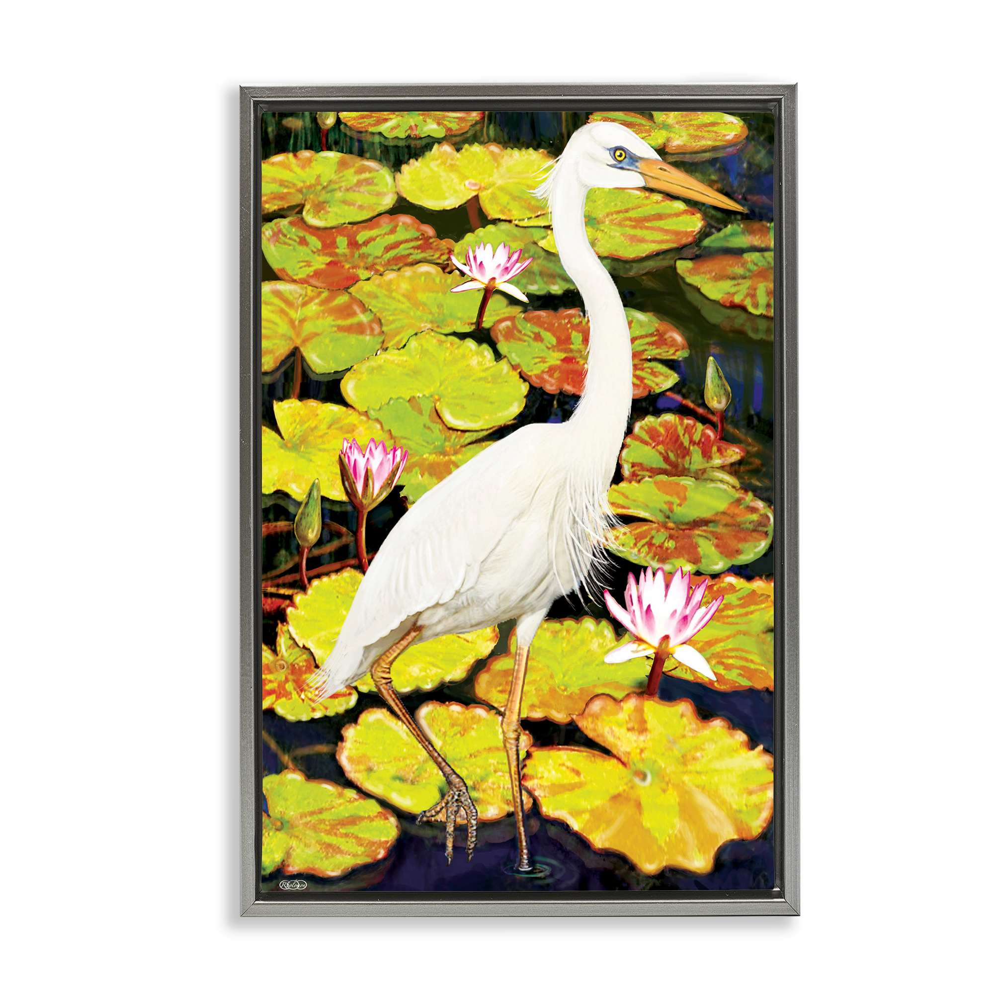 Stupell Industries BT-359-FFL-20X30 Stepping Bird on Lily Pads Floating Frame design by Rosiland Solomon