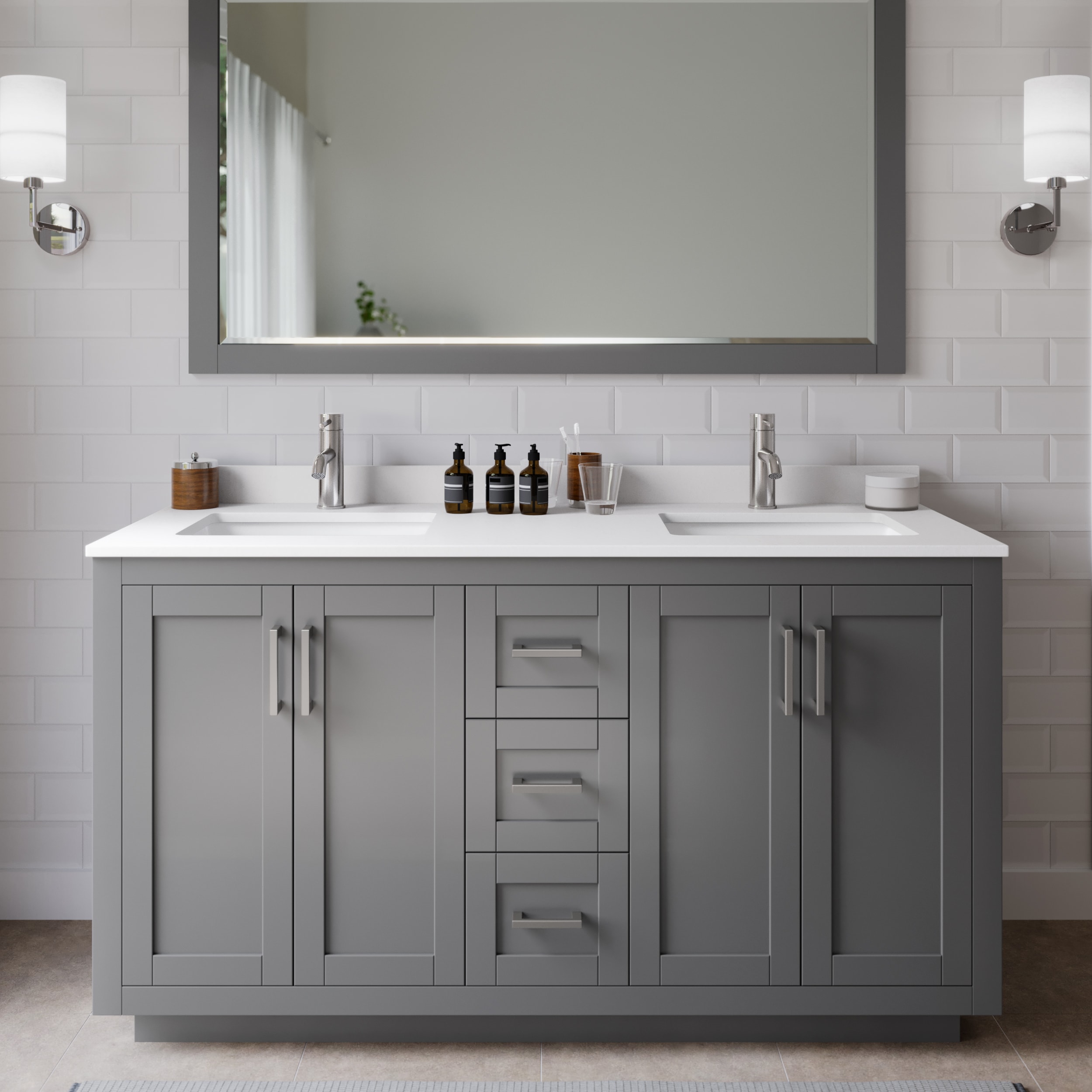 Wyndham Collection WCF292960DKGWCUNSMXX Miranda 60-in Dark Gray with Brushed Nickel Trim Undermount Double sink Bathroom Vanity with White Cultured Marble Cultured marble Top