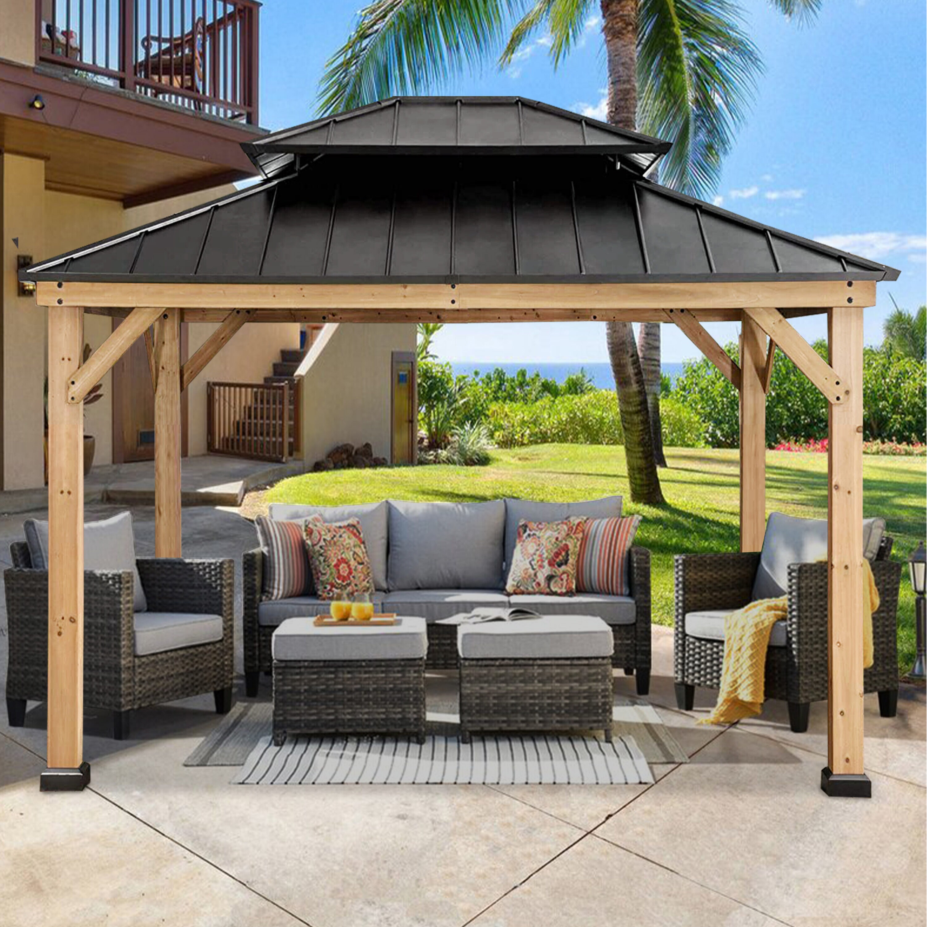 CoastShade 12-ft x 10-ft Brown Wood Square Gazebo with Steel Roof at ...