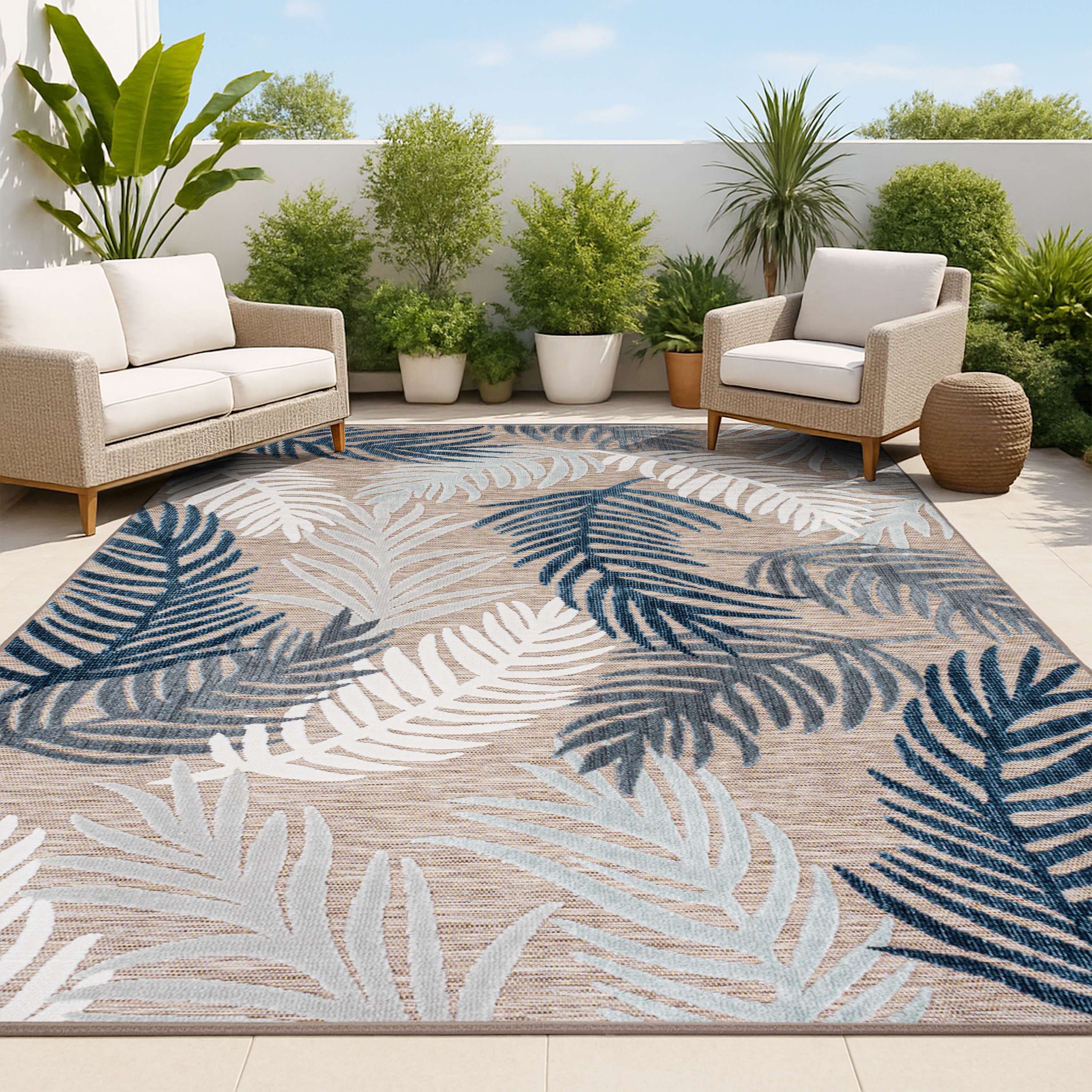 JONATHAN  Y HWC101B-8 Hawaii Montego High-Low Tropical Palm 8 x 10 (ft) Loomed Polypropylene Brown/Navy/Ivory Rectangular Indoor/Outdoor Floral/Botanical Coastal Area rug