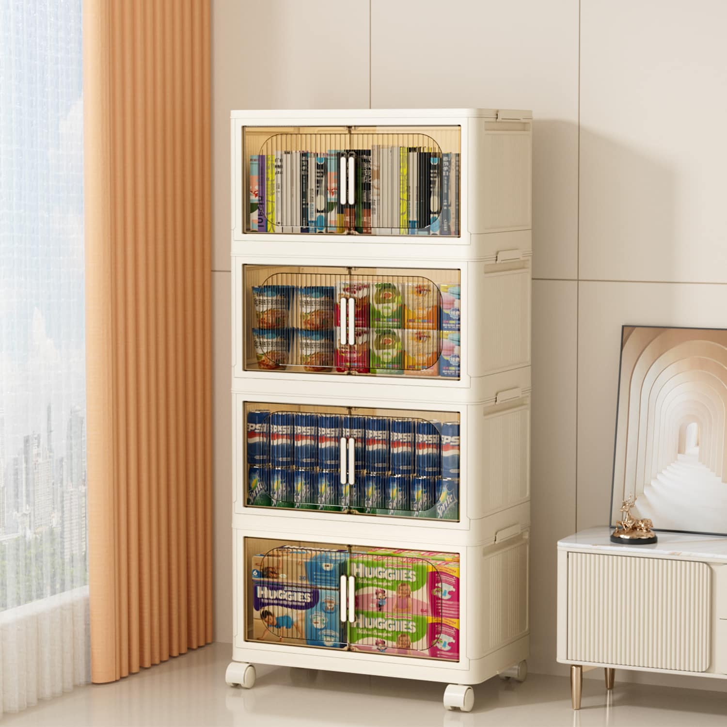 LOVMOR SF-M-W2873P207556 19.69Inch Side Wide Folding Storage Cabinet 4 Tiers 19.69Inchx11.81Inchx40.55Inch Collapsible Storage Bins with Magnetic Door Plastic Storage Cabinet with Wheels Closet organizers and Storage Containers