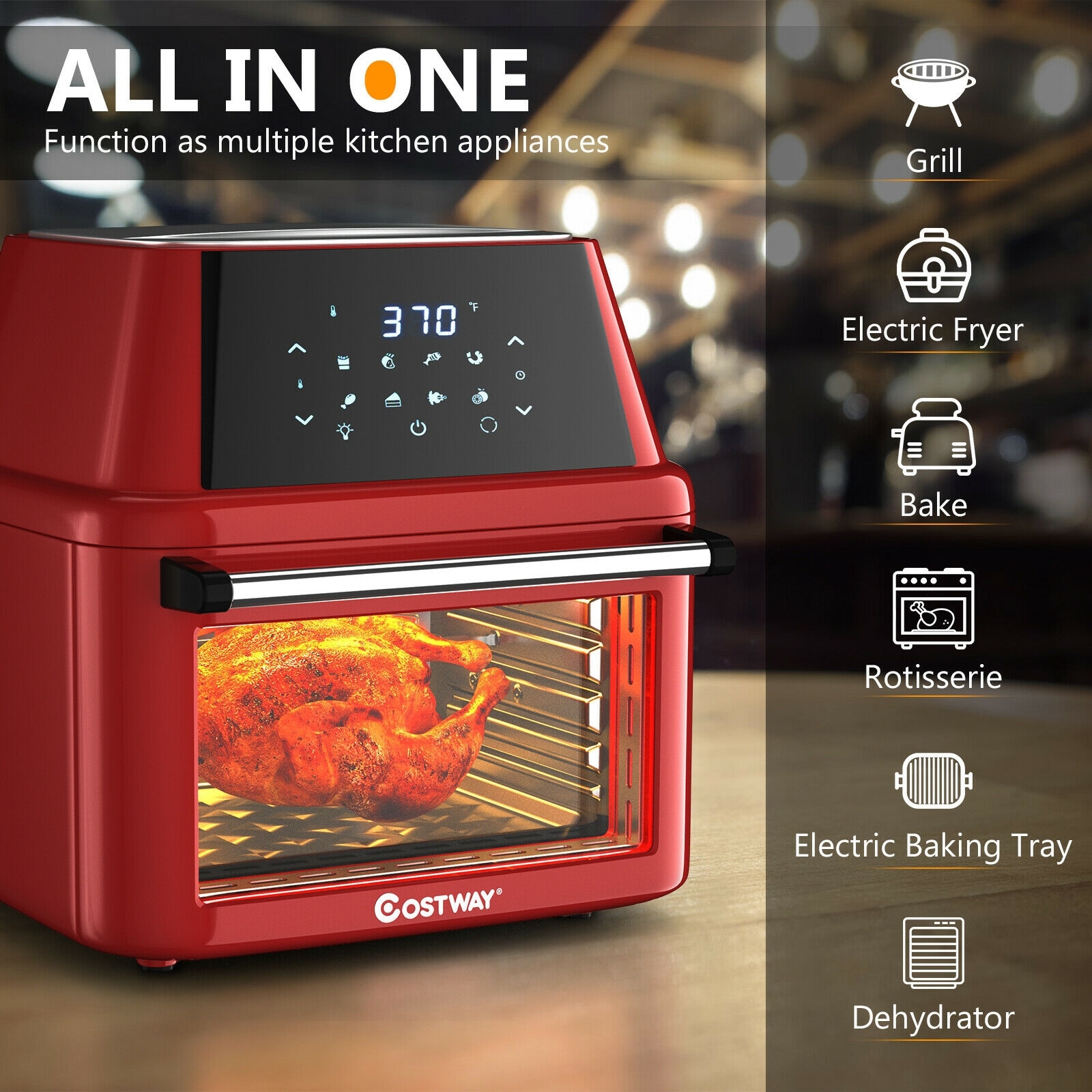GZMR 19 qt Multi-Functional Air Fryer Oven 1800W Dehydrator Rotisserie Red, 8 Preset Cooking Choices, 360° Hot Air Circulation