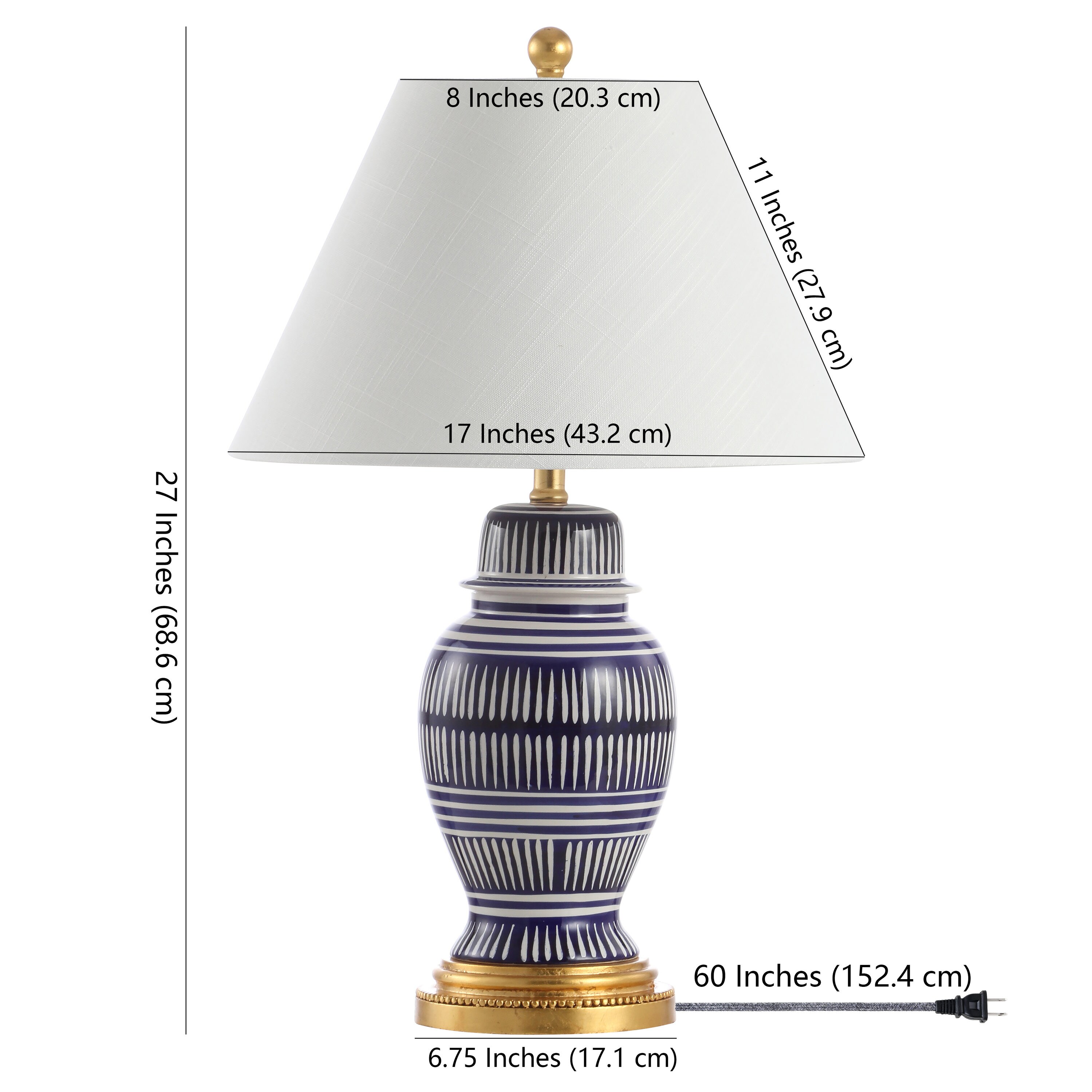 27" Navy and White Ceramic Coastal Table Lamp with Gold Accents