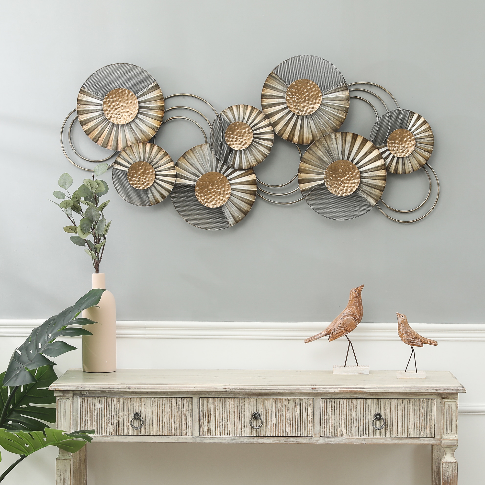 48.5" W Distressed Gray and Gold Metal Floral Wall Sculpture