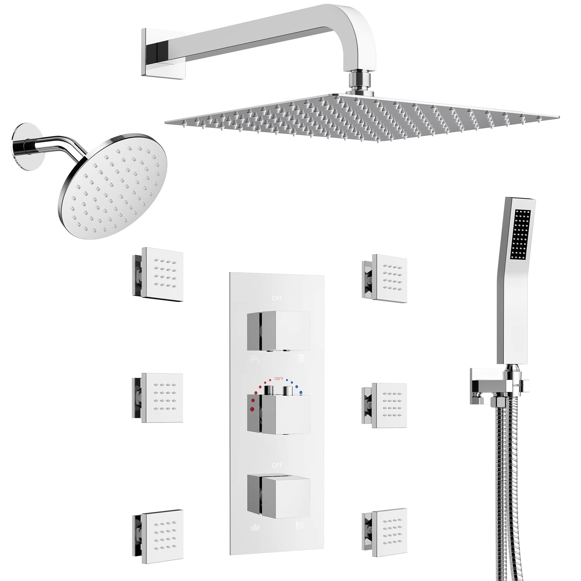 EVERSTEIN SFS-1017-CH12 DualCascade Thermostatic Shower System with 12-in and 6-in Dual Shower Heads Rough-in Valve and Body Jets in Chrome
