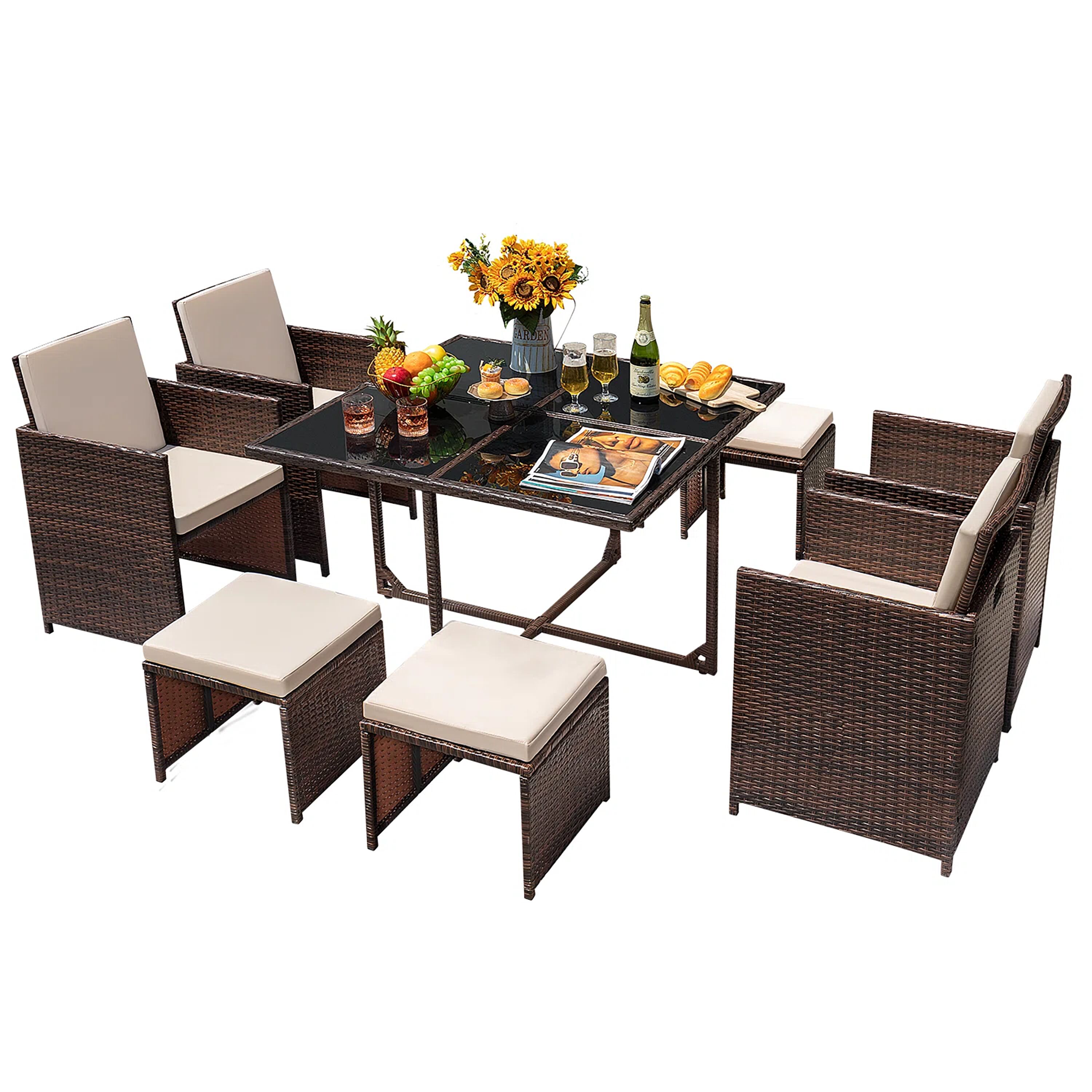 Vineego LS-LCRF2T2C2F7 9 -Piece Black Wicker Patio Dining Set Steel Square Table with 4 Off-white Cushions Stationary Chairs