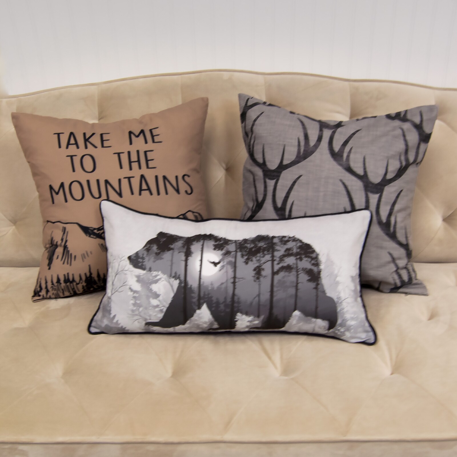 Gray Polyester Antler Design Square Throw Pillow