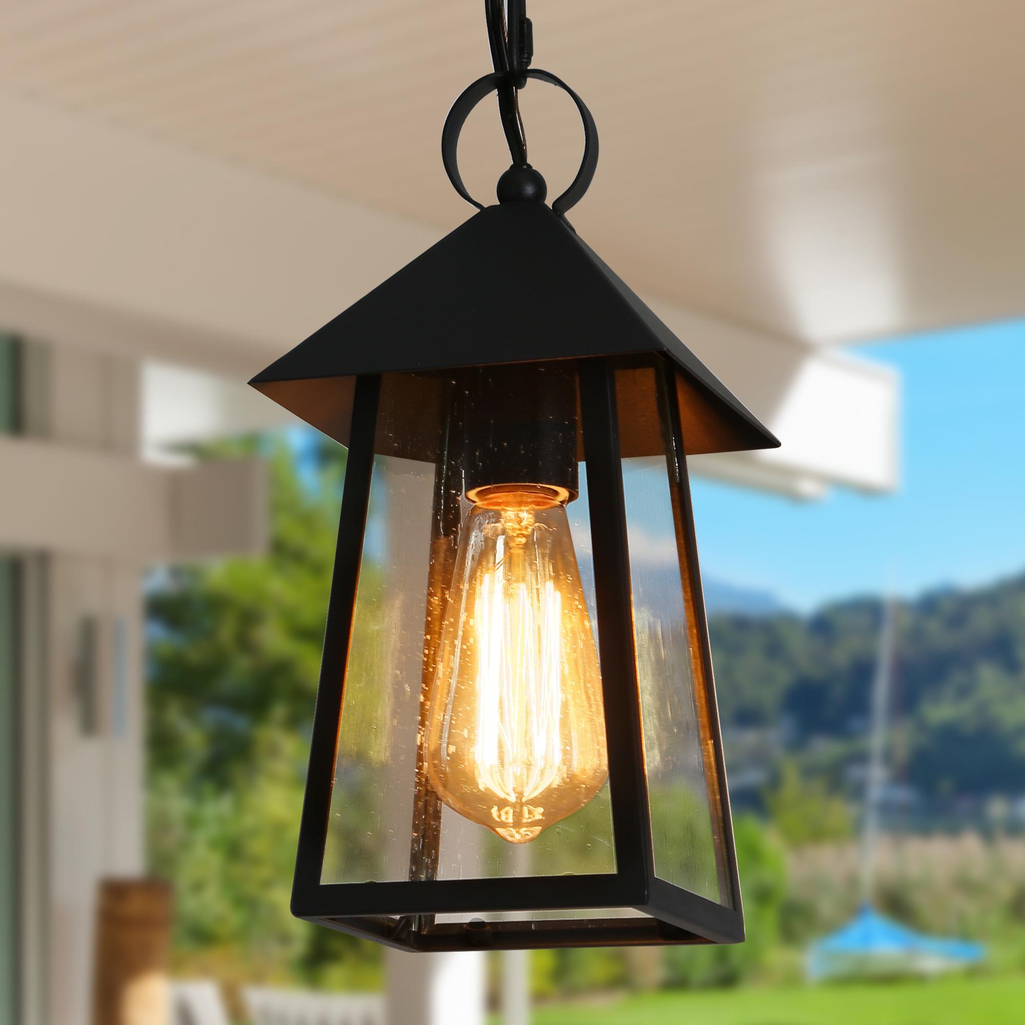 Uolfin 6FRUE2-LWS2736P-Z7 1 -Light Matte Black Lantern with Clear Seeded Glass Modern/contemporary Seeded glass Lantern Mini Outdoor Hanging Pendant light
