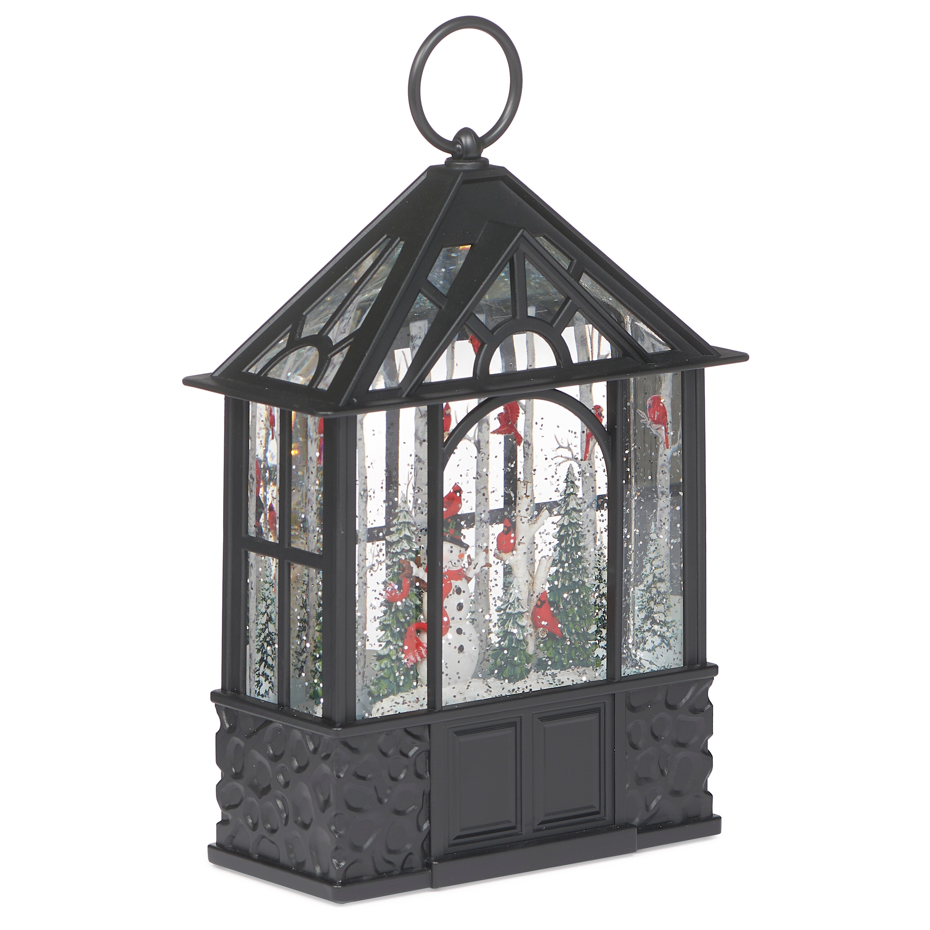 9.75-inch Black Lighted Christmas Snowman and Cardinals Gazebo Centerpiece