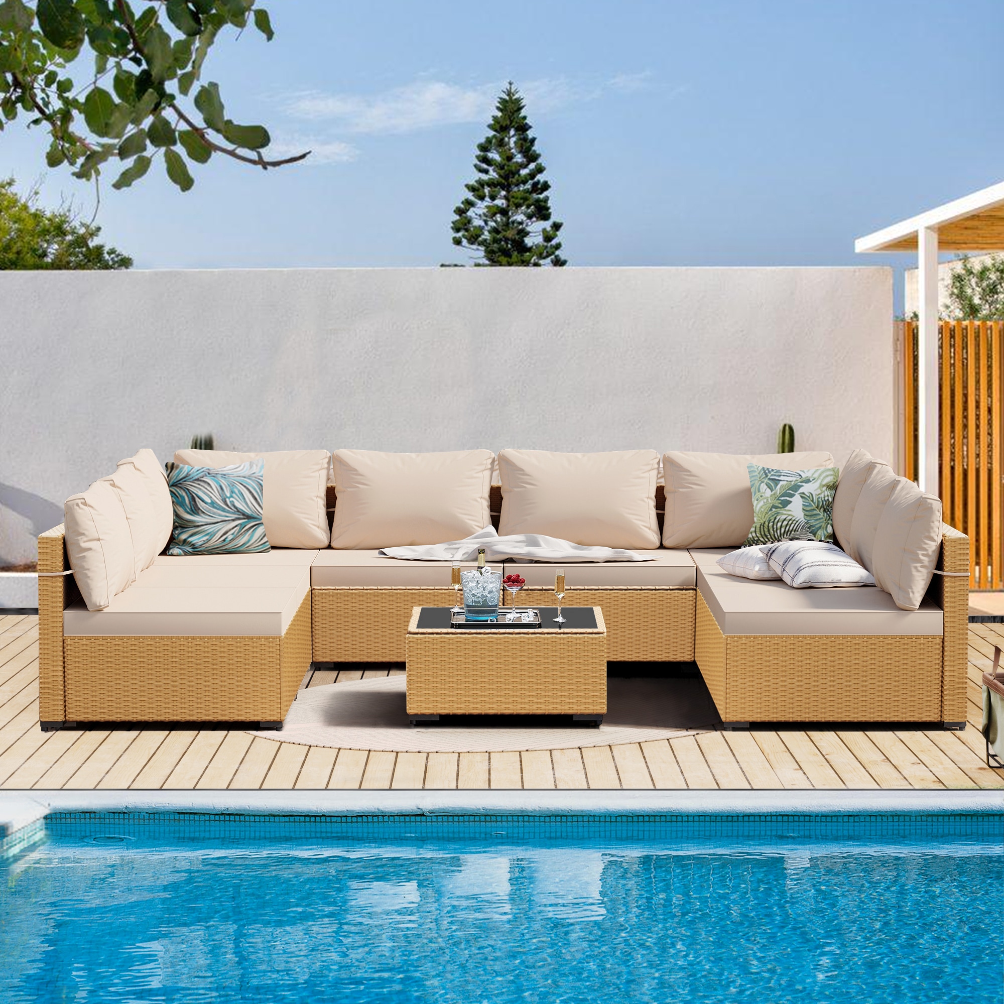 Patio Watcher RT-OD9-Y1-4 9 -Piece Rattan Patio Sofa Conversation Set with Off-white Cushions