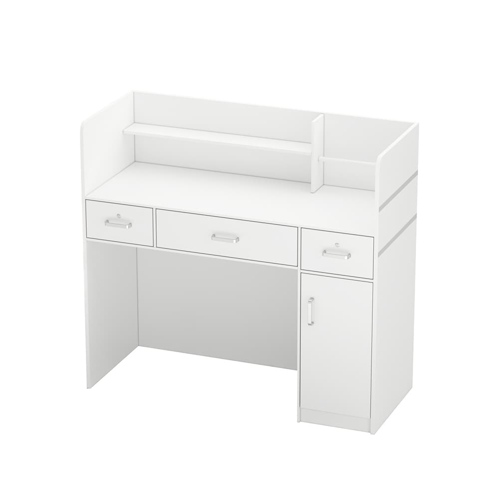  V-KF210126-01 White Reception Desk with Drawers and Storage Shelves Reception Table with Privacy Panels for Salon Checkout Office