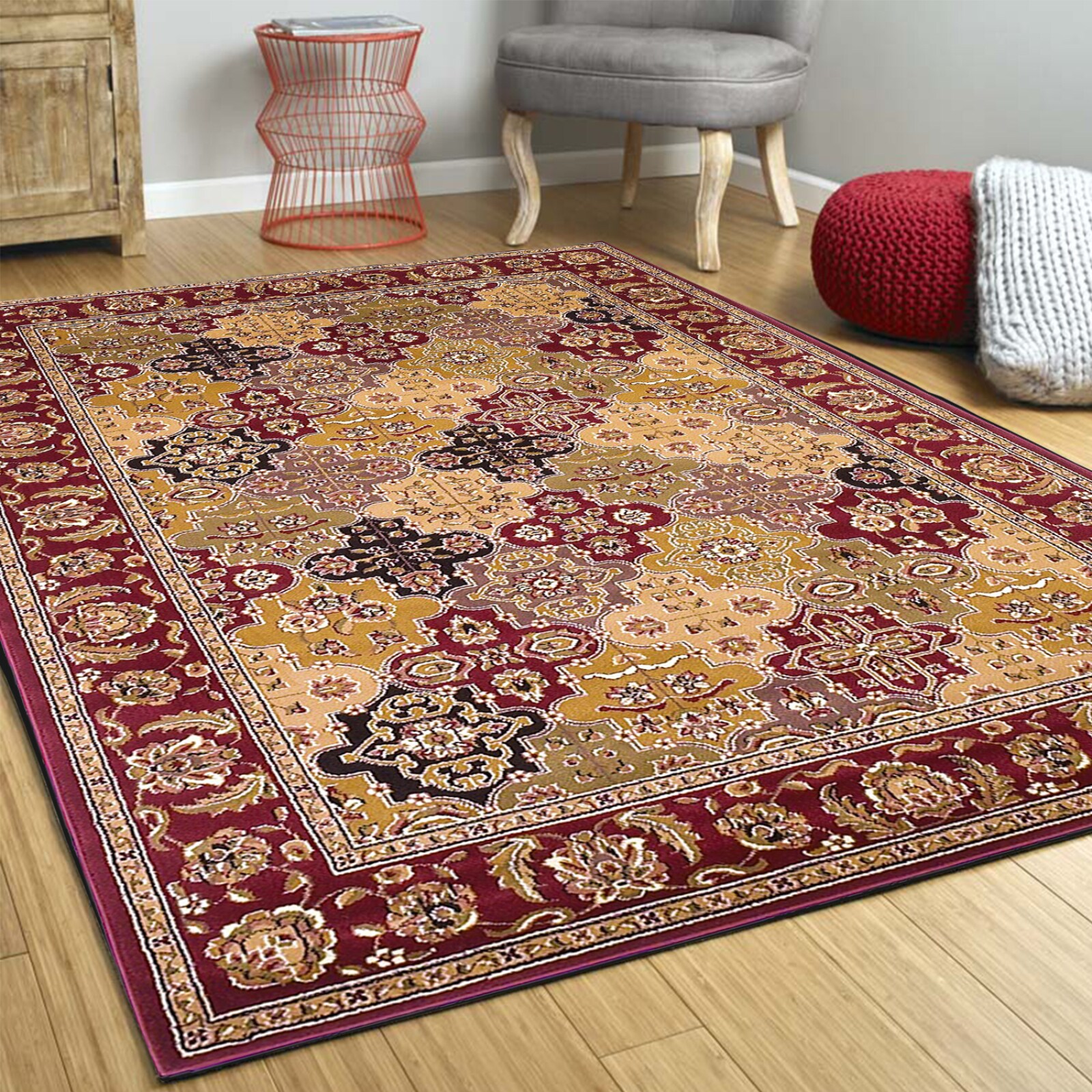 HomeRoots 352869 Bernadette 7 X 7 (ft) Rag Red Octagonal Indoor Border Area Rug