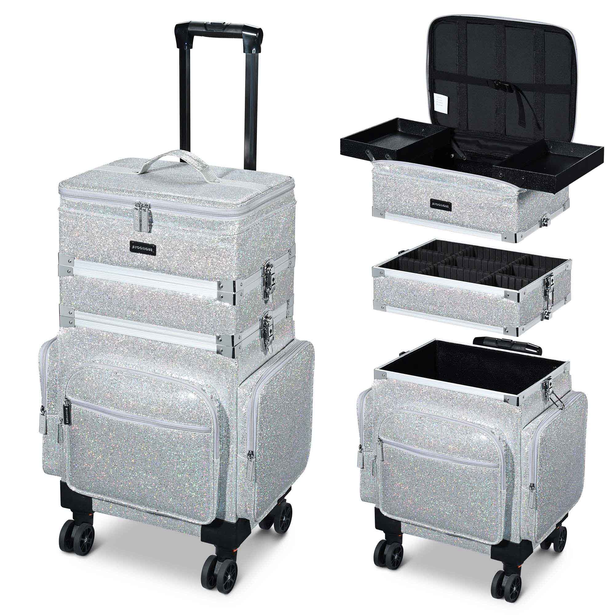 Yescom 12MKC090-MK3T-S11-LO Byootique 3in1 So FT Sided Rolling Makeup Case Cosmetic With Removable Divider For Makeup Artist Nail Artist Glitter Silver