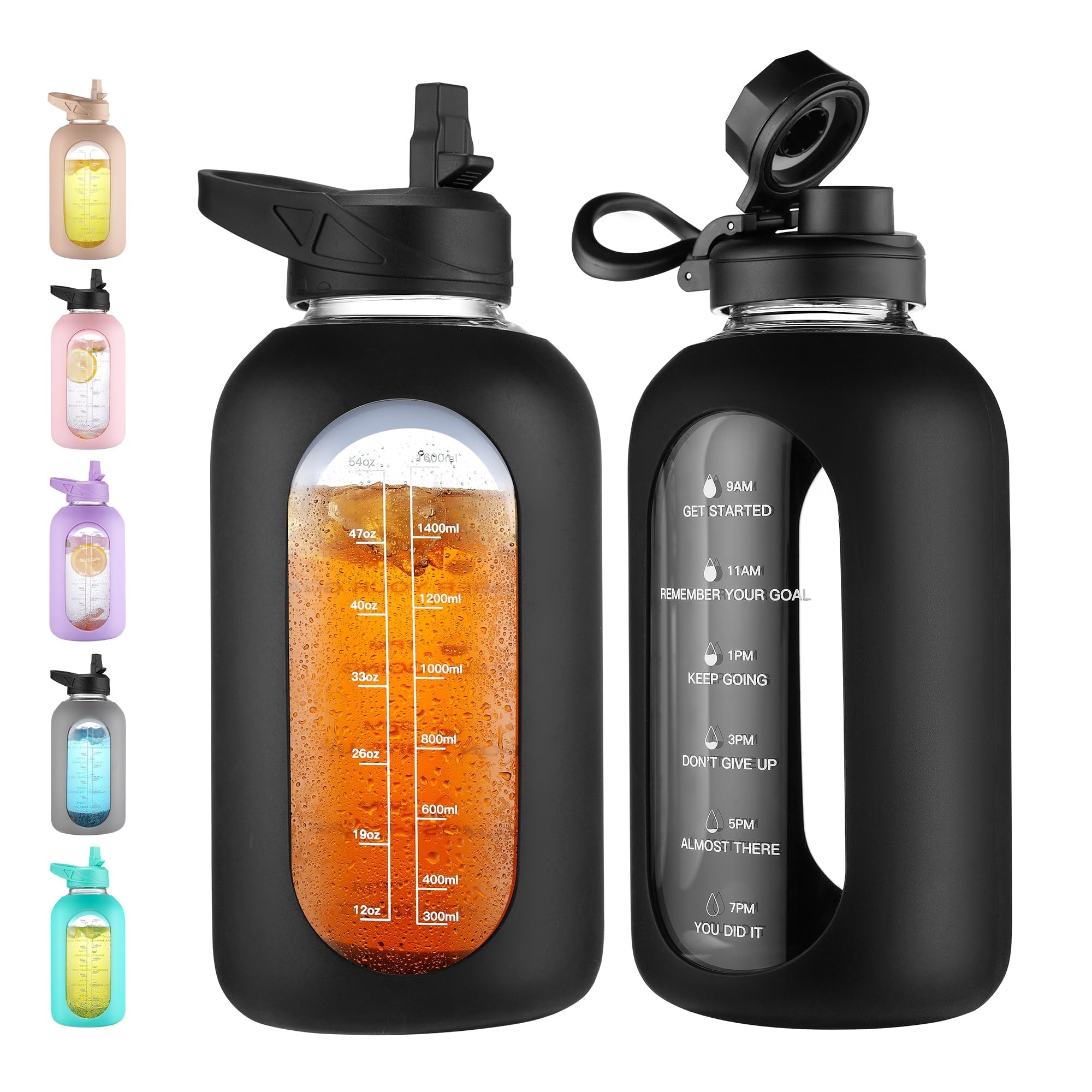 Justincity -  64 oz Glass Water Bottle Bottle with Straw Handle Wide Mouth Motivational Time Mark...