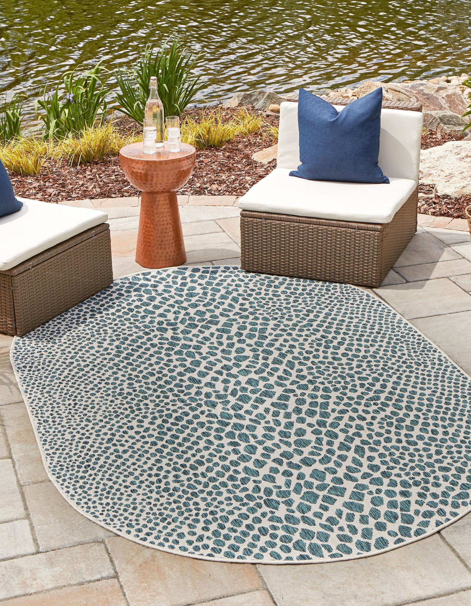 Unique Loom 3152790 Jill Zarin Cape Town 8 x 10 (ft) Loomed Polypropylene Teal Oval Indoor/Outdoor Animal print Area rug